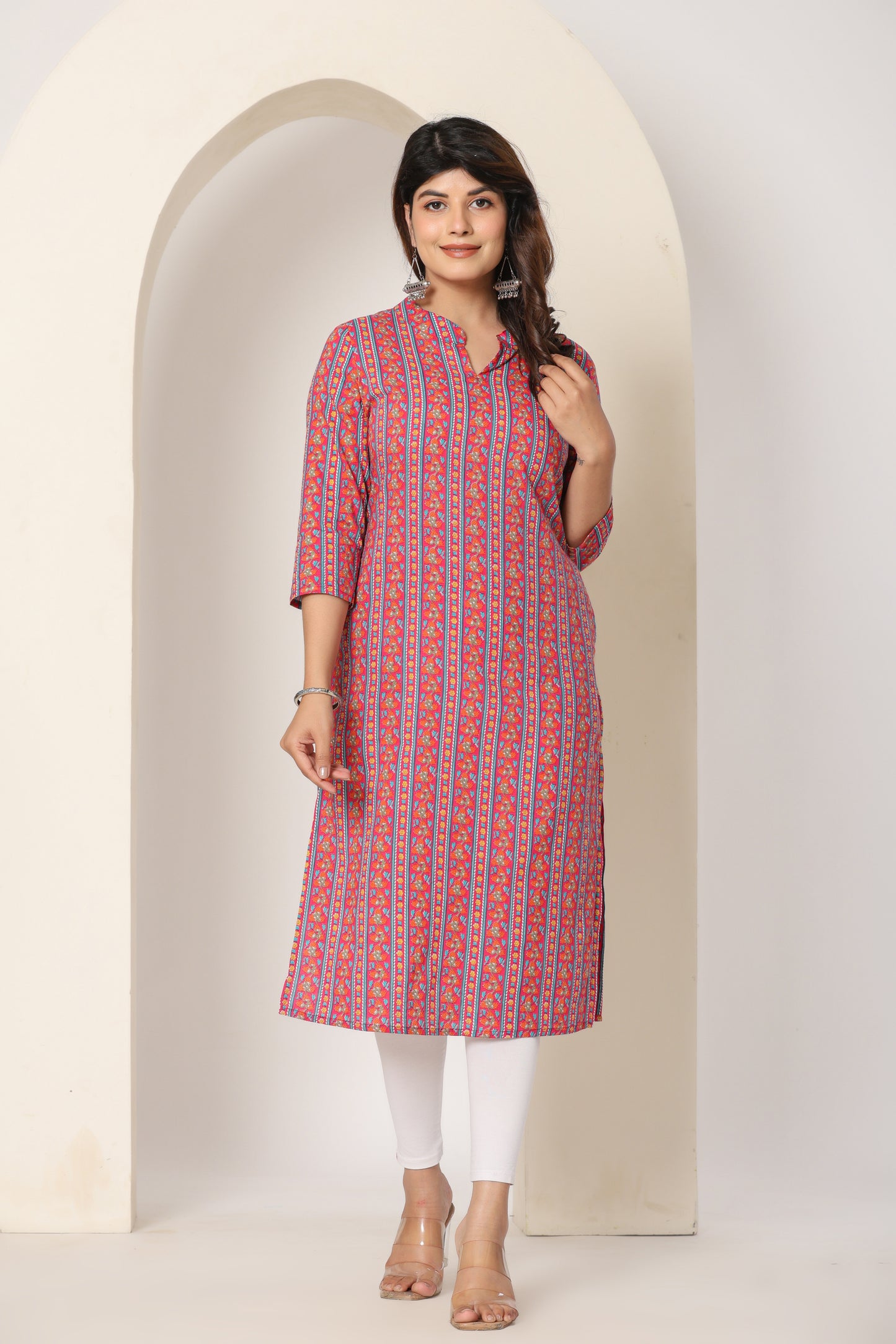 FLORAL STRIPE PRINT COTTON KURTI IN RED BY PLUSSIZE KURTI