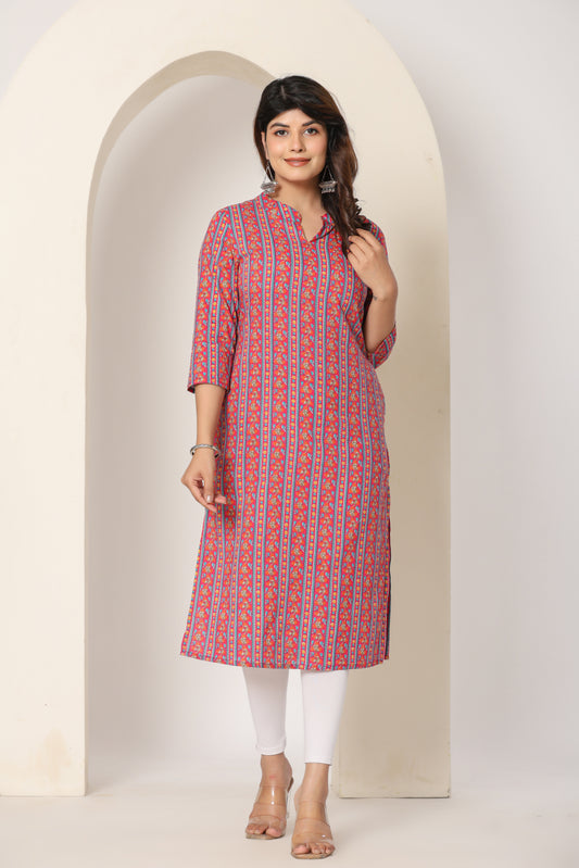 FLORAL STRIPE PRINT COTTON KURTI IN RED BY PLUSSIZE KURTI