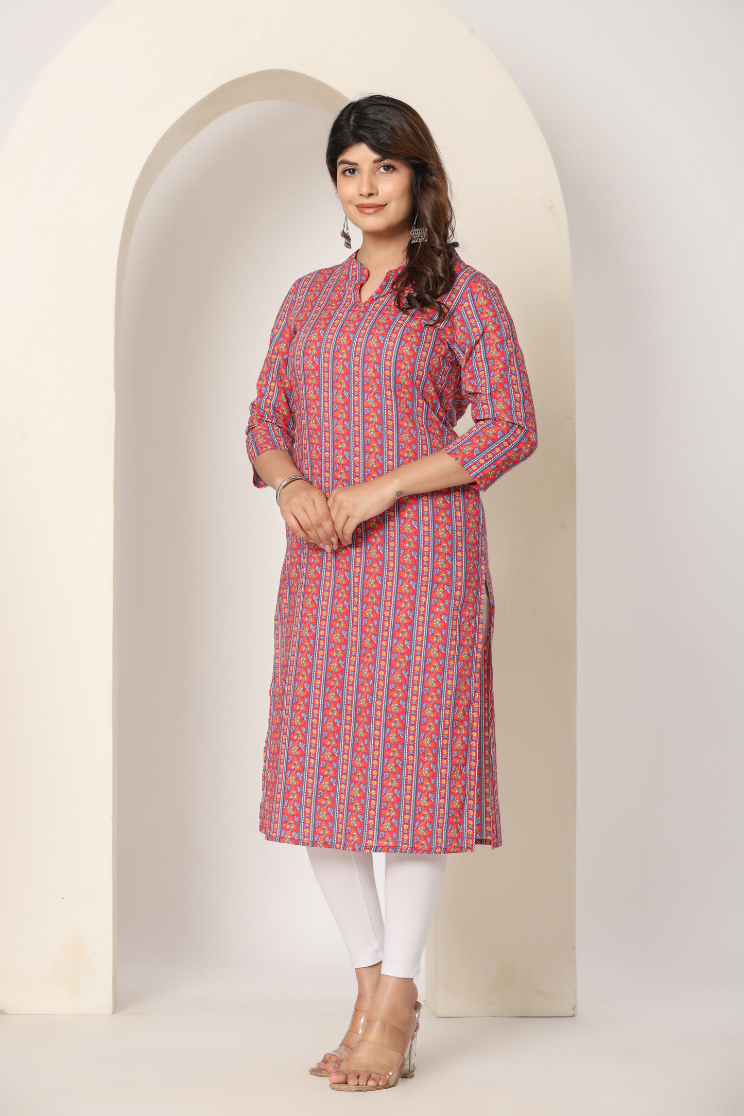 FLORAL STRIPE PRINT COTTON KURTI IN RED BY PLUSSIZE KURTI