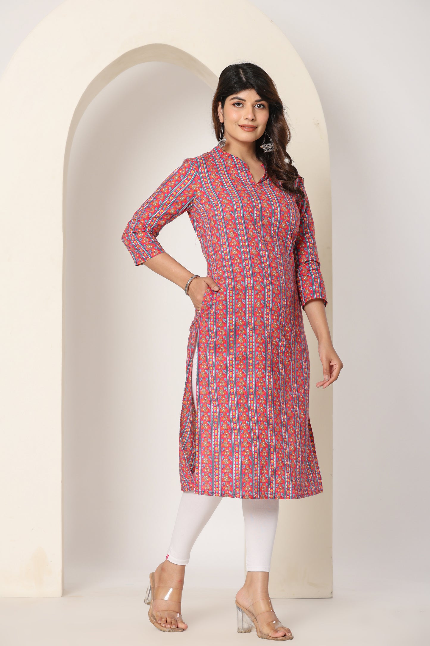 FLORAL STRIPE PRINT COTTON KURTI IN RED BY PLUSSIZE KURTI