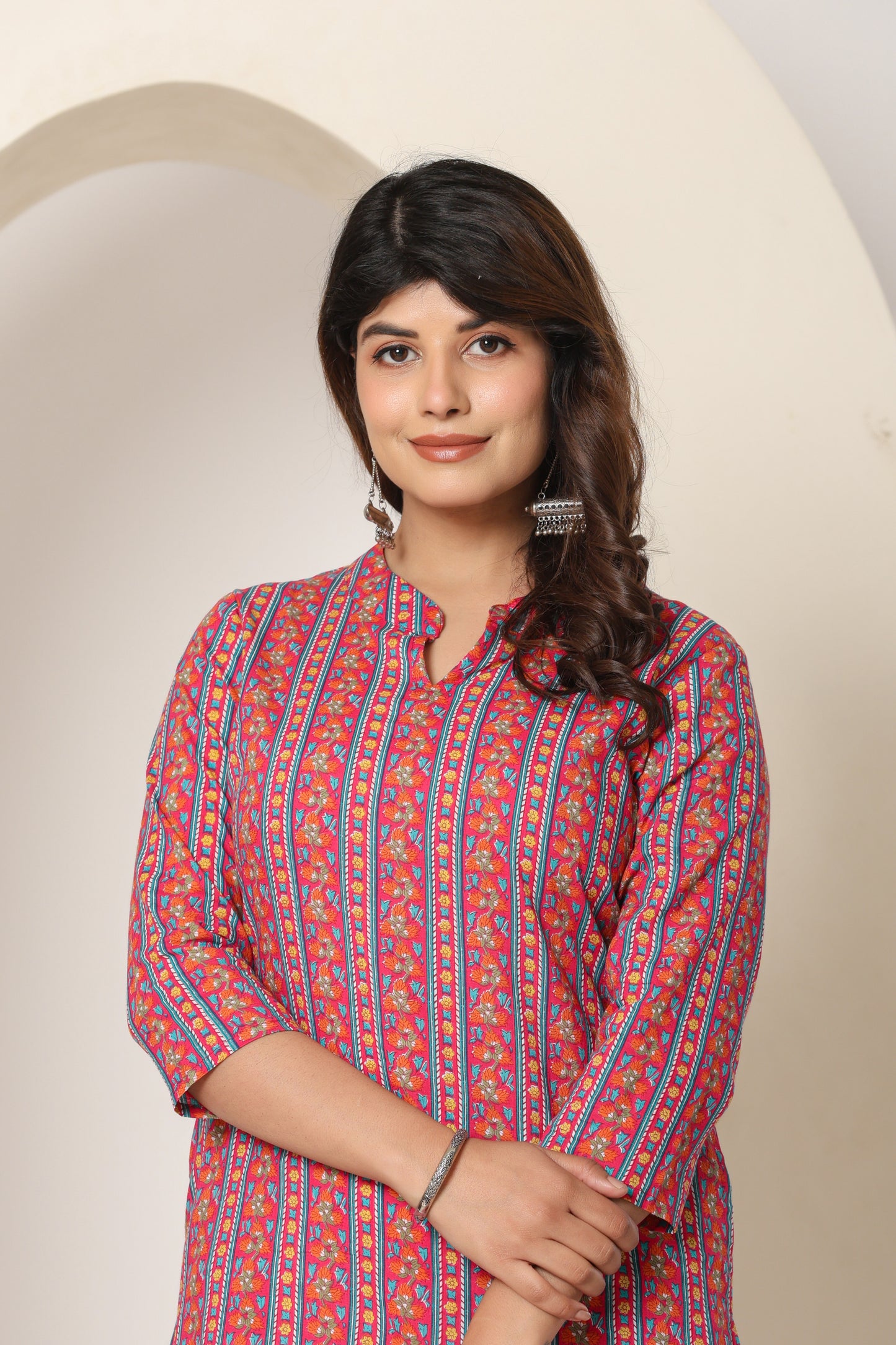 FLORAL STRIPE PRINT COTTON KURTI IN RED BY PLUSSIZE KURTI