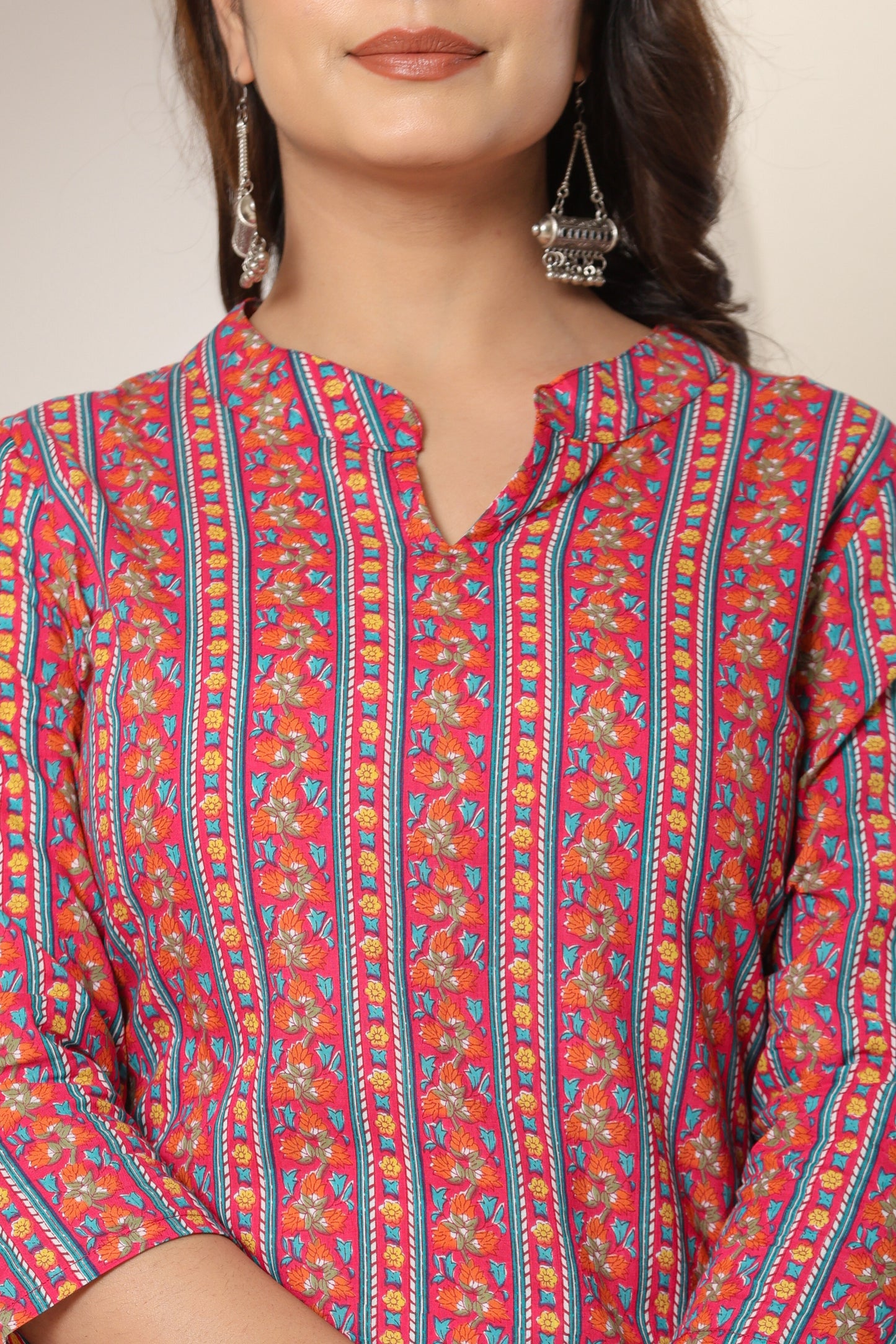 FLORAL STRIPE PRINT COTTON KURTI IN RED BY PLUSSIZE KURTI