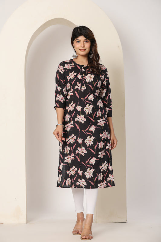 FLORAL PRINT COTTON KURTI IN BLACK BY PLUSSIZE KURTI