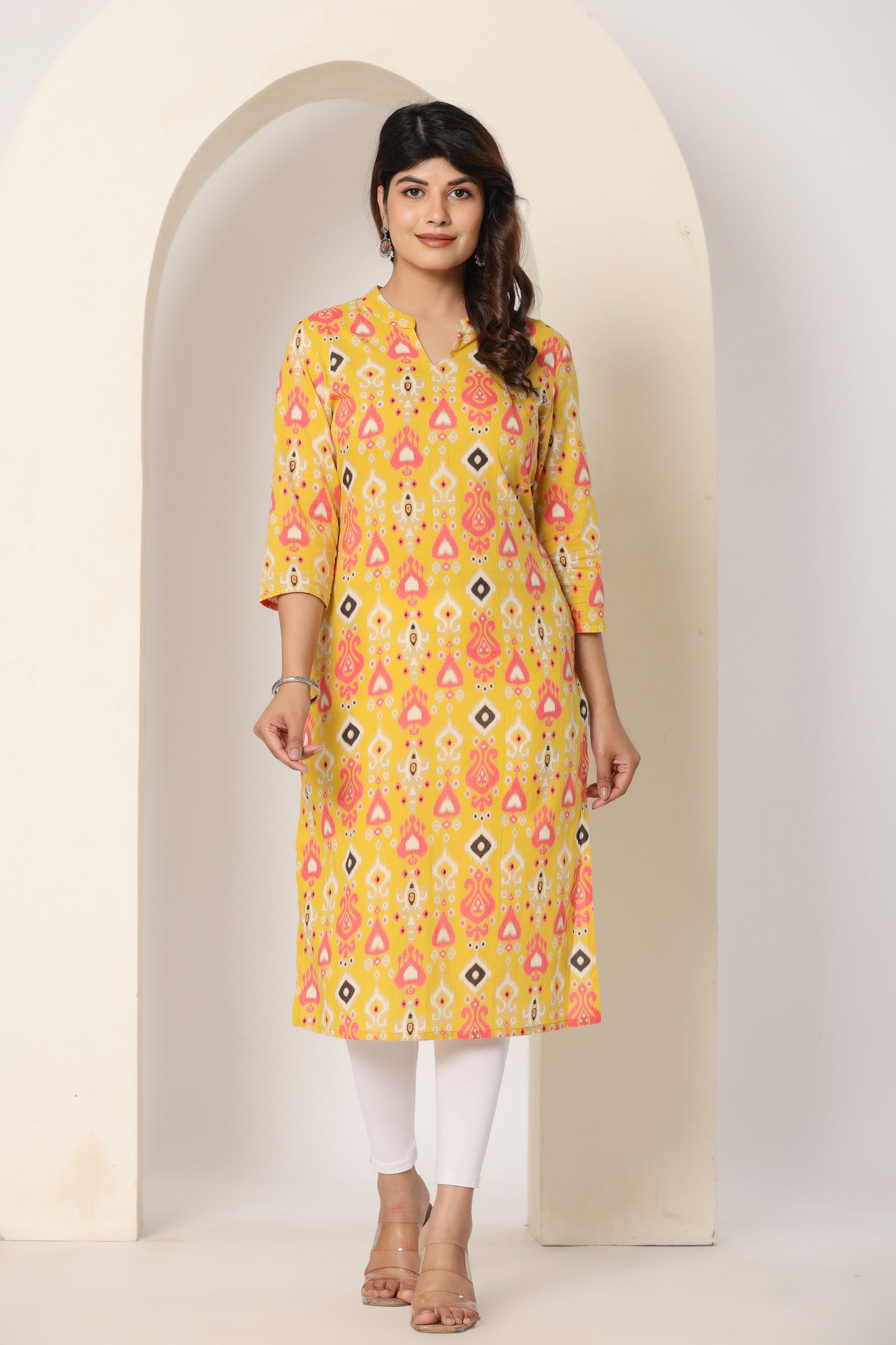 IKAT PRINTED COTTON KURTI YELLOW IN BY PLUSSIZE KURTI
