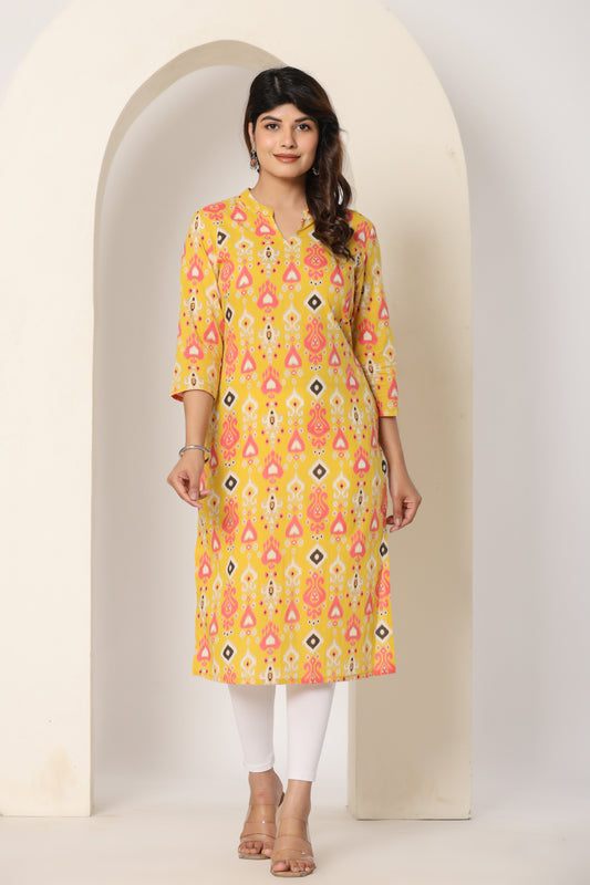 IKAT PRINTED COTTON KURTI YELLOW IN BY PLUSSIZE KURTI