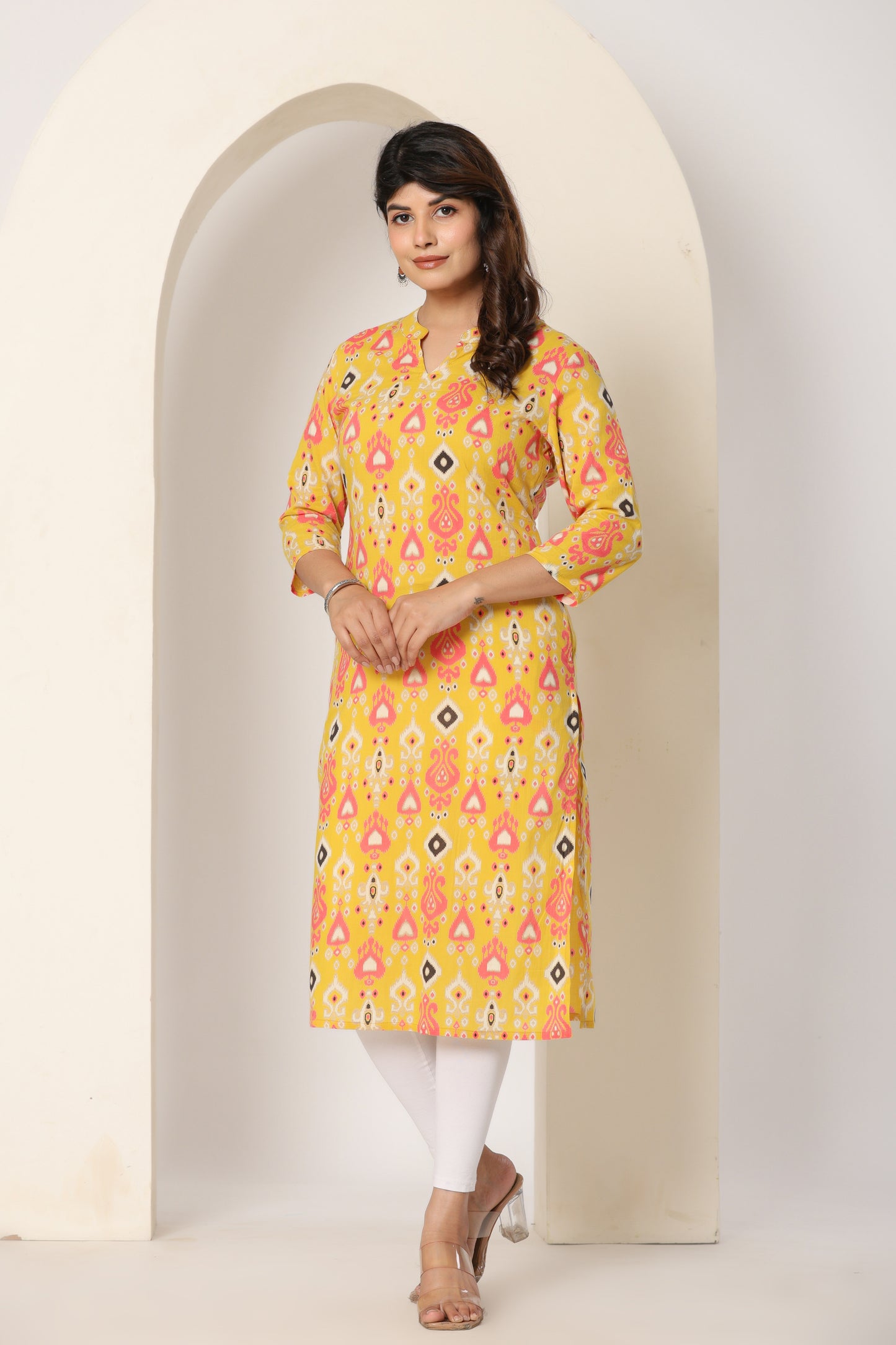 IKAT PRINTED COTTON KURTI YELLOW IN BY PLUSSIZE KURTI