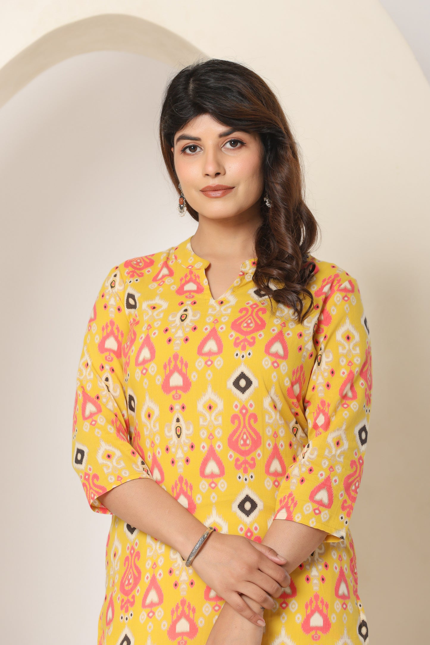 IKAT PRINTED COTTON KURTI YELLOW IN BY PLUSSIZE KURTI