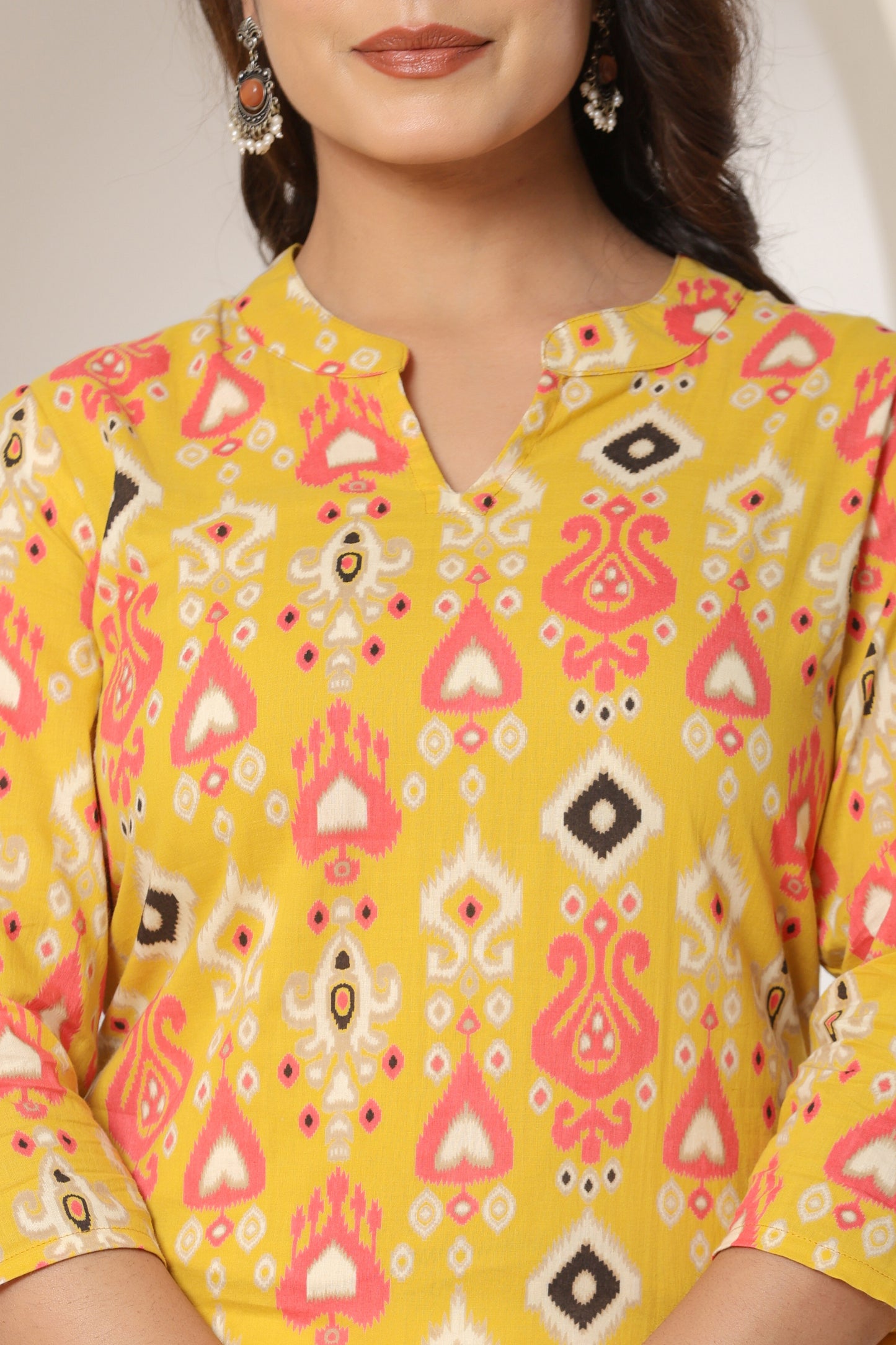 IKAT PRINTED COTTON KURTI YELLOW IN BY PLUSSIZE KURTI