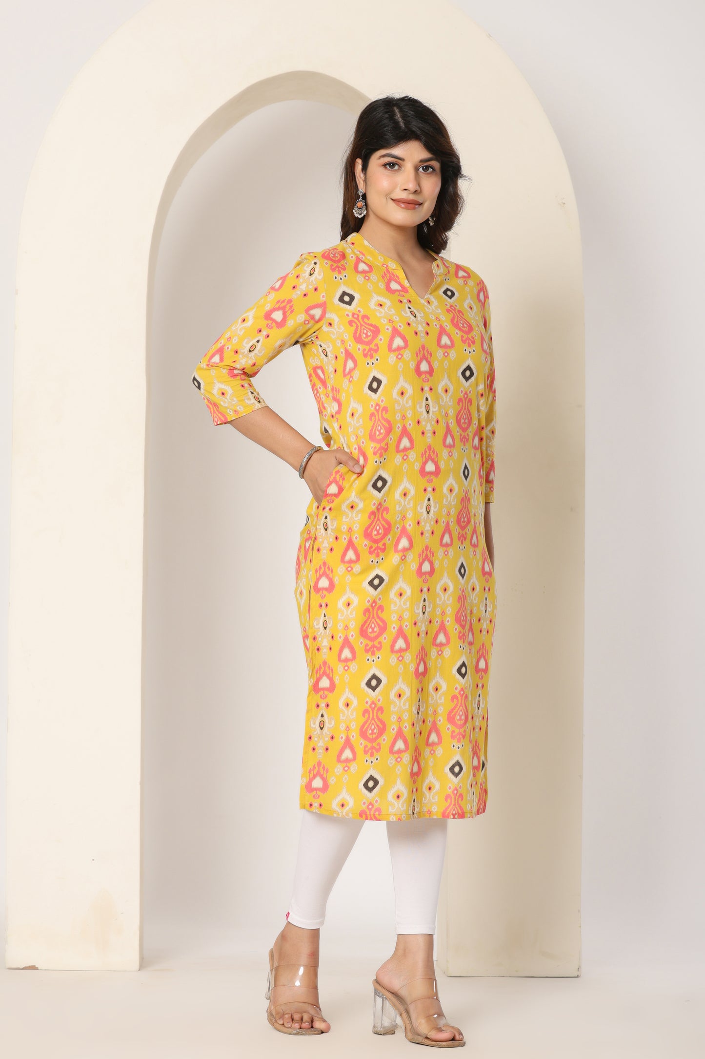 IKAT PRINTED COTTON KURTI YELLOW IN BY PLUSSIZE KURTI