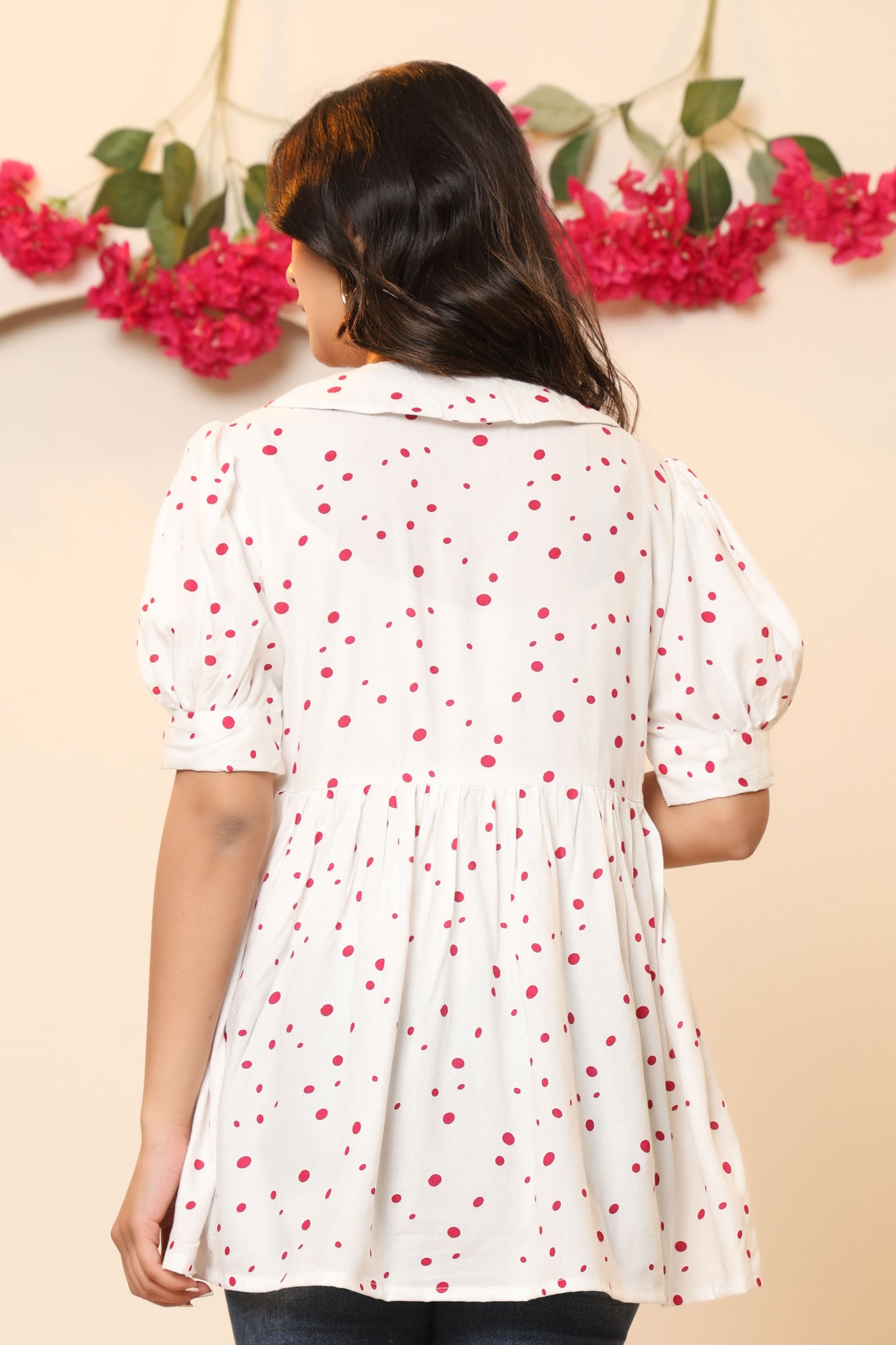 POLKA DOT PRINT COTTON TUNIC IN WHITE BY PLUSSIZEKURTI
