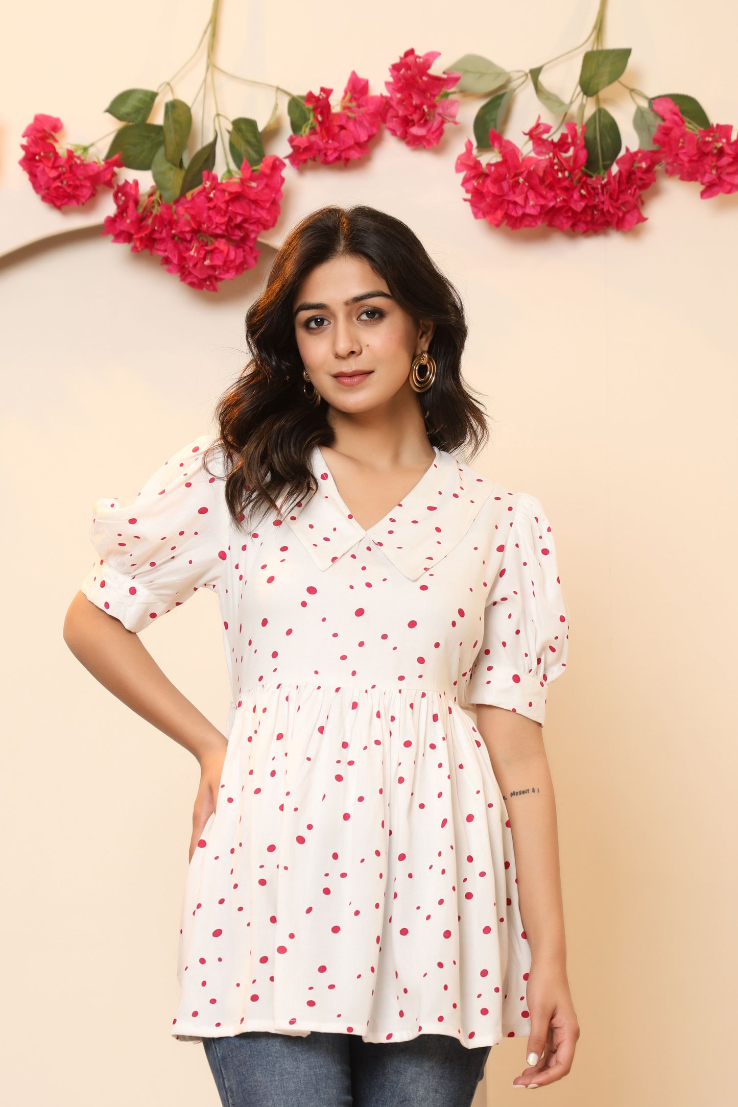 POLKA DOT PRINT COTTON TUNIC IN WHITE BY PLUSSIZEKURTI