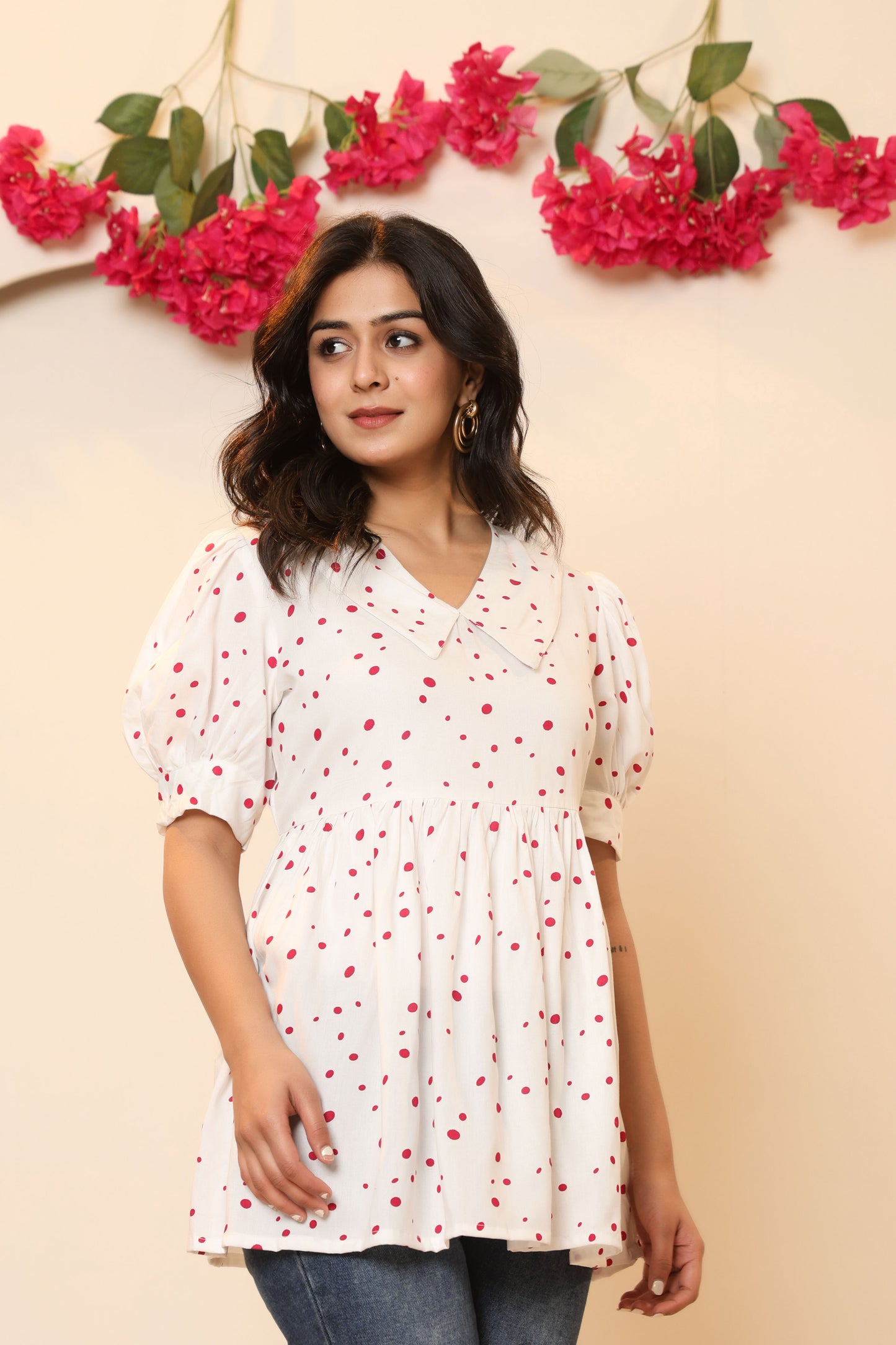 POLKA DOT PRINT COTTON TUNIC IN WHITE BY PLUSSIZEKURTI