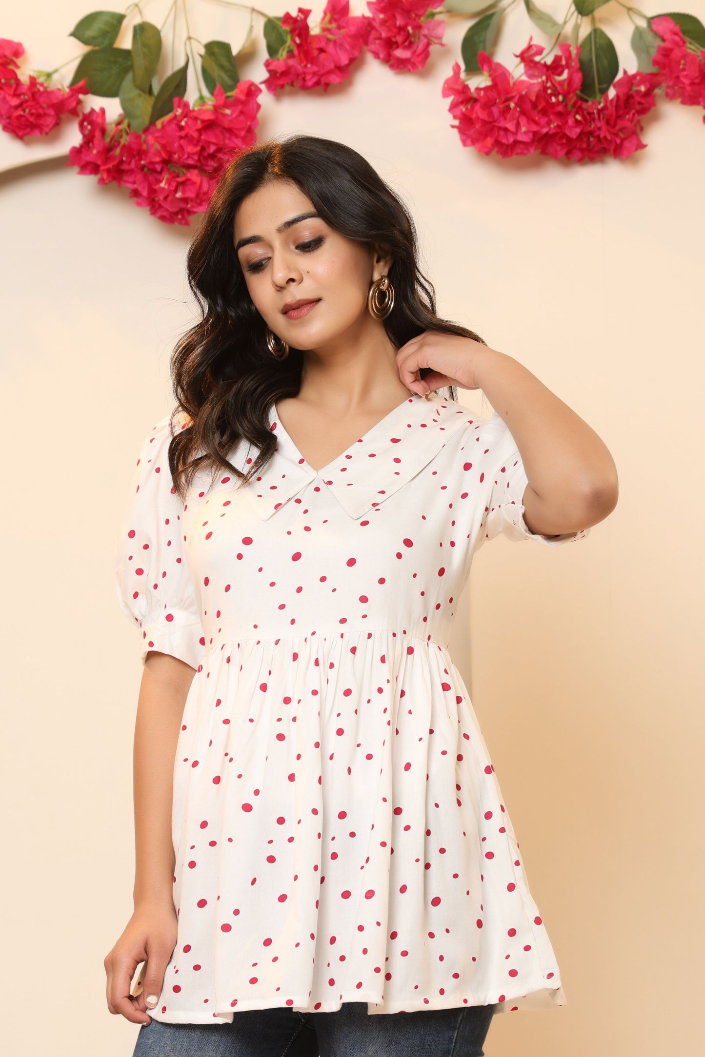 POLKA DOT PRINT COTTON TUNIC IN WHITE BY PLUSSIZEKURTI