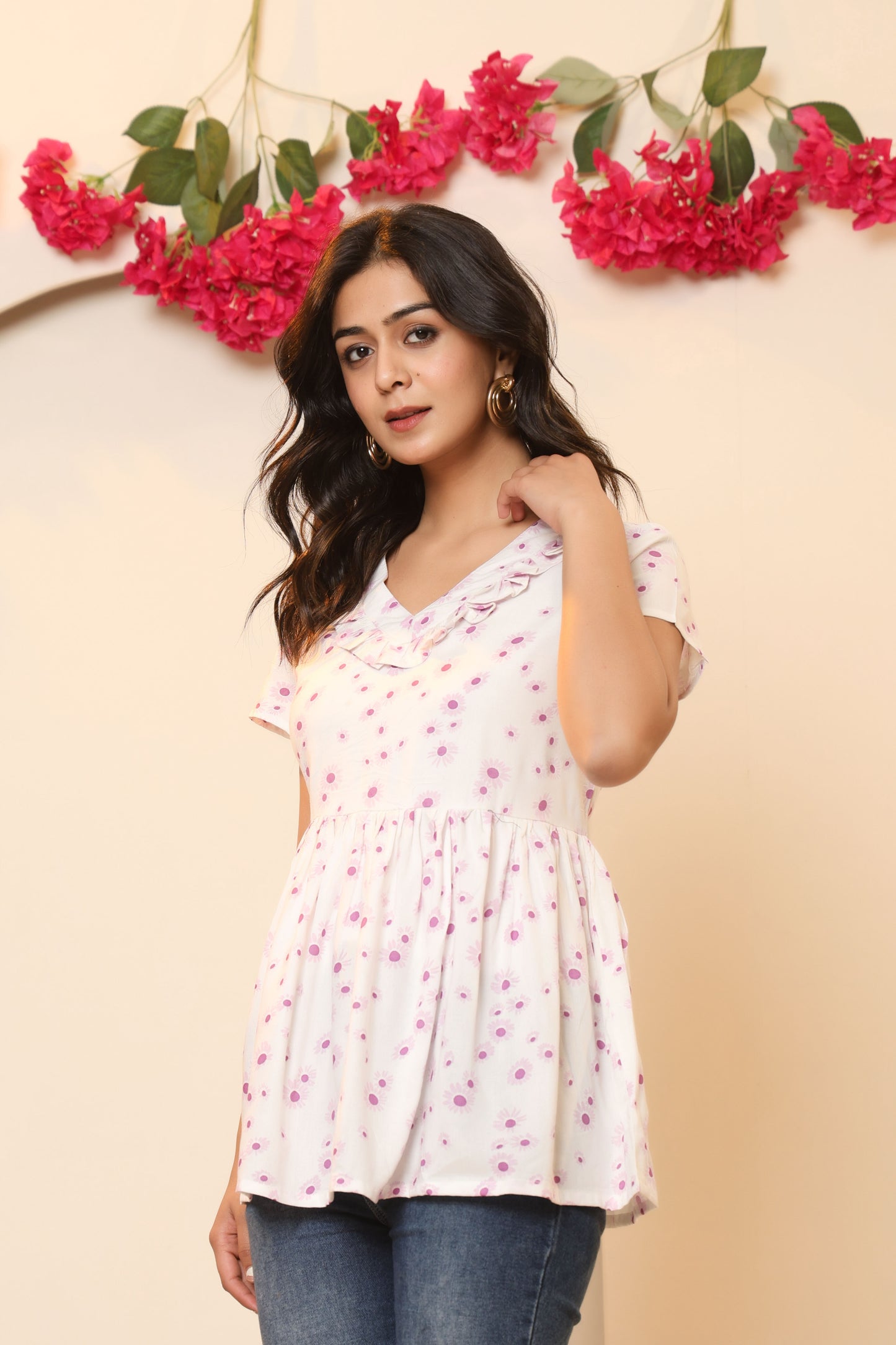 FLORAL PRINT COTTON TUNIC IN WHITE BY PLUSSIZEKURTI