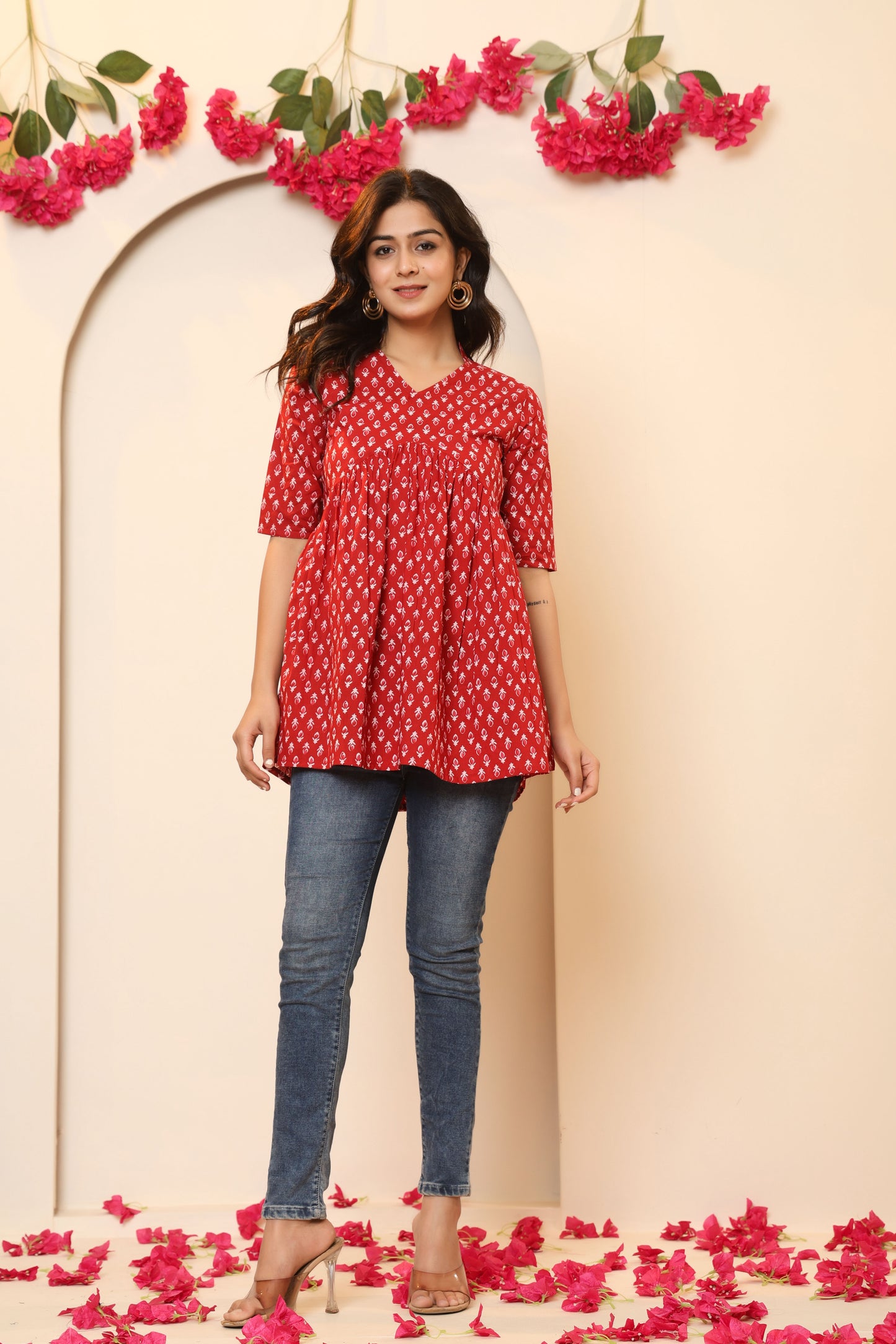 PAISLEY MOTIF PRINT COTTON TUNIC IN RED RUST BY PLUSSIZEKURTI