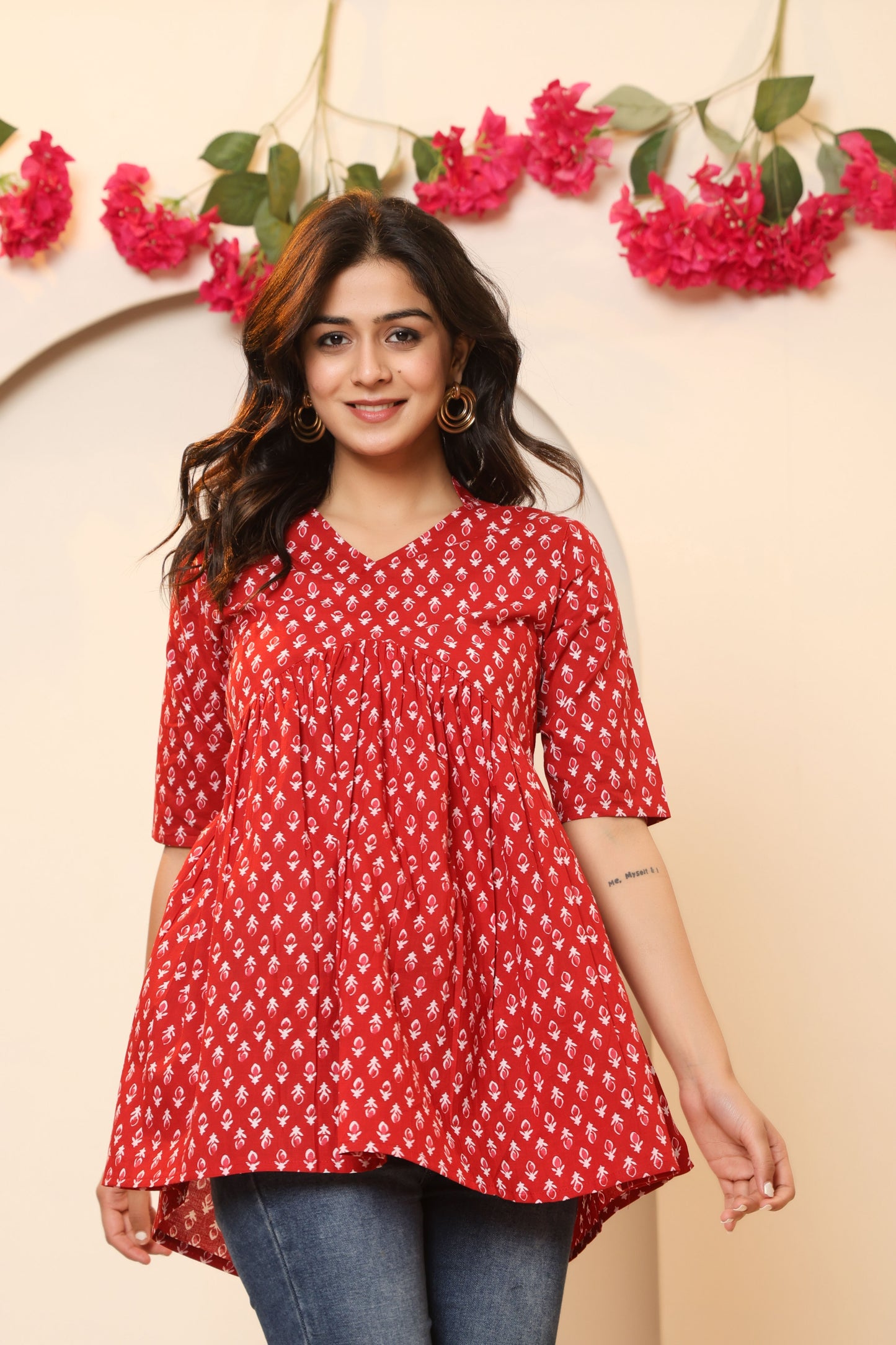 PAISLEY MOTIF PRINT COTTON TUNIC IN RED RUST BY PLUSSIZEKURTI