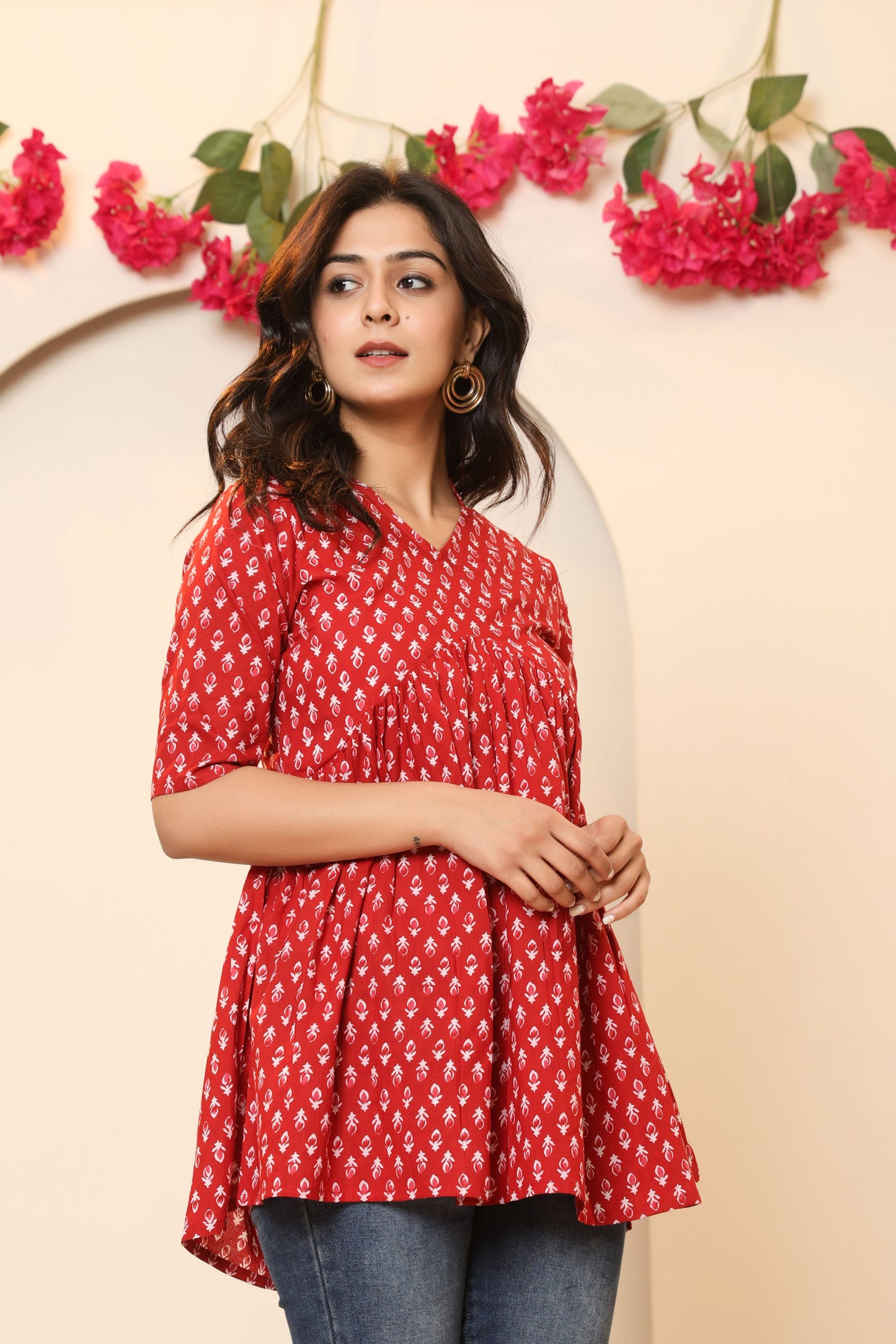 PAISLEY MOTIF PRINT COTTON TUNIC IN RED RUST BY PLUSSIZEKURTI