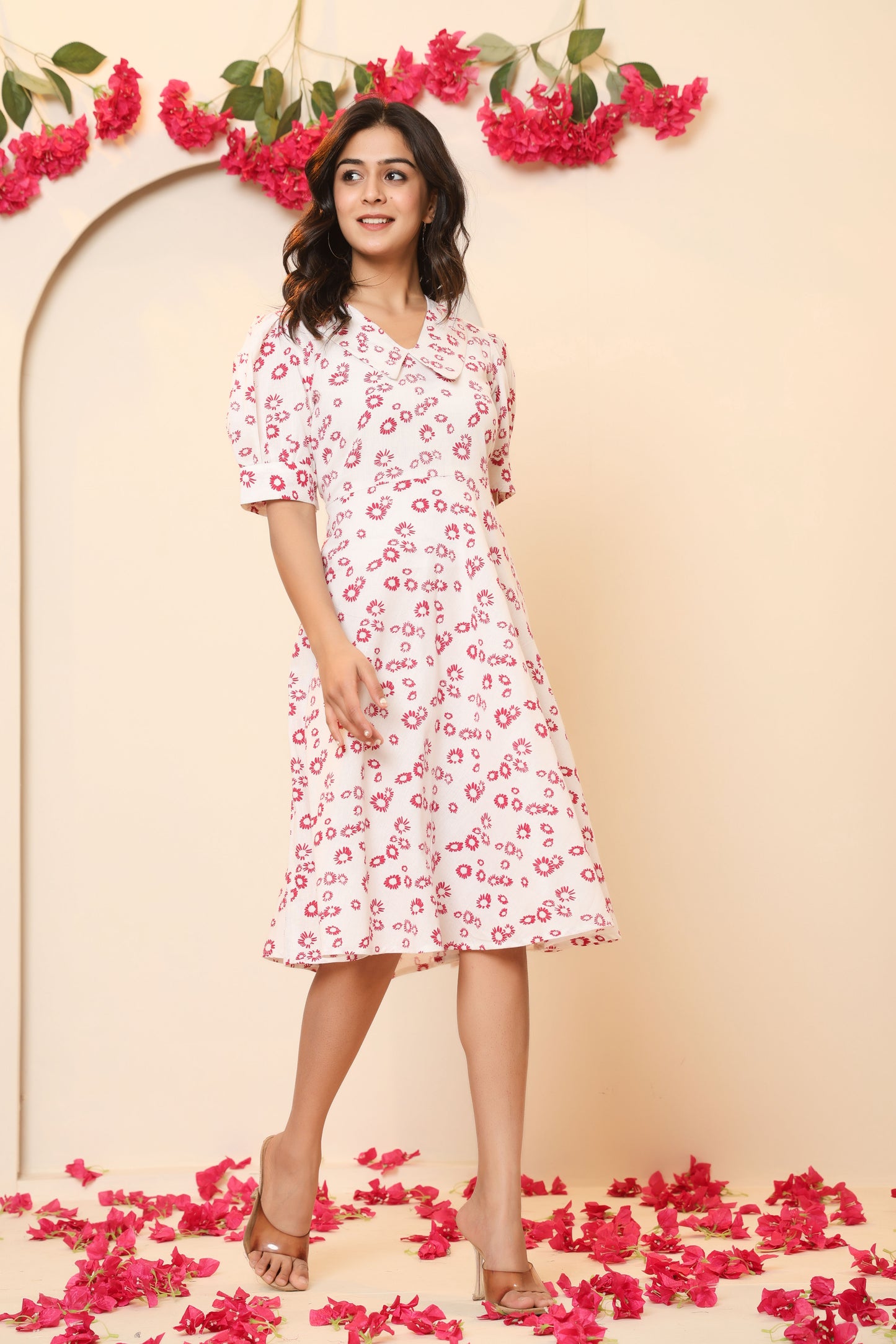 DAISY FLORAL PRINT A-LINE COTTON DRESS IN WHITE BY PLUSSIZEKURTI