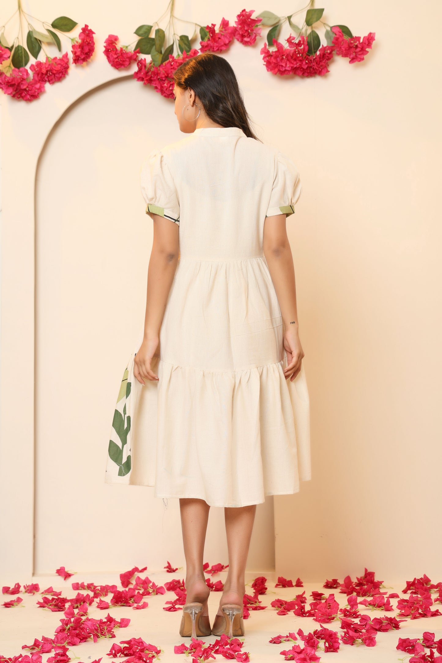 LEAFY FLORAL PRINT A-LINE COTTON FLEX DRESS IN BEIGE BY PLUSSIZEKURTI