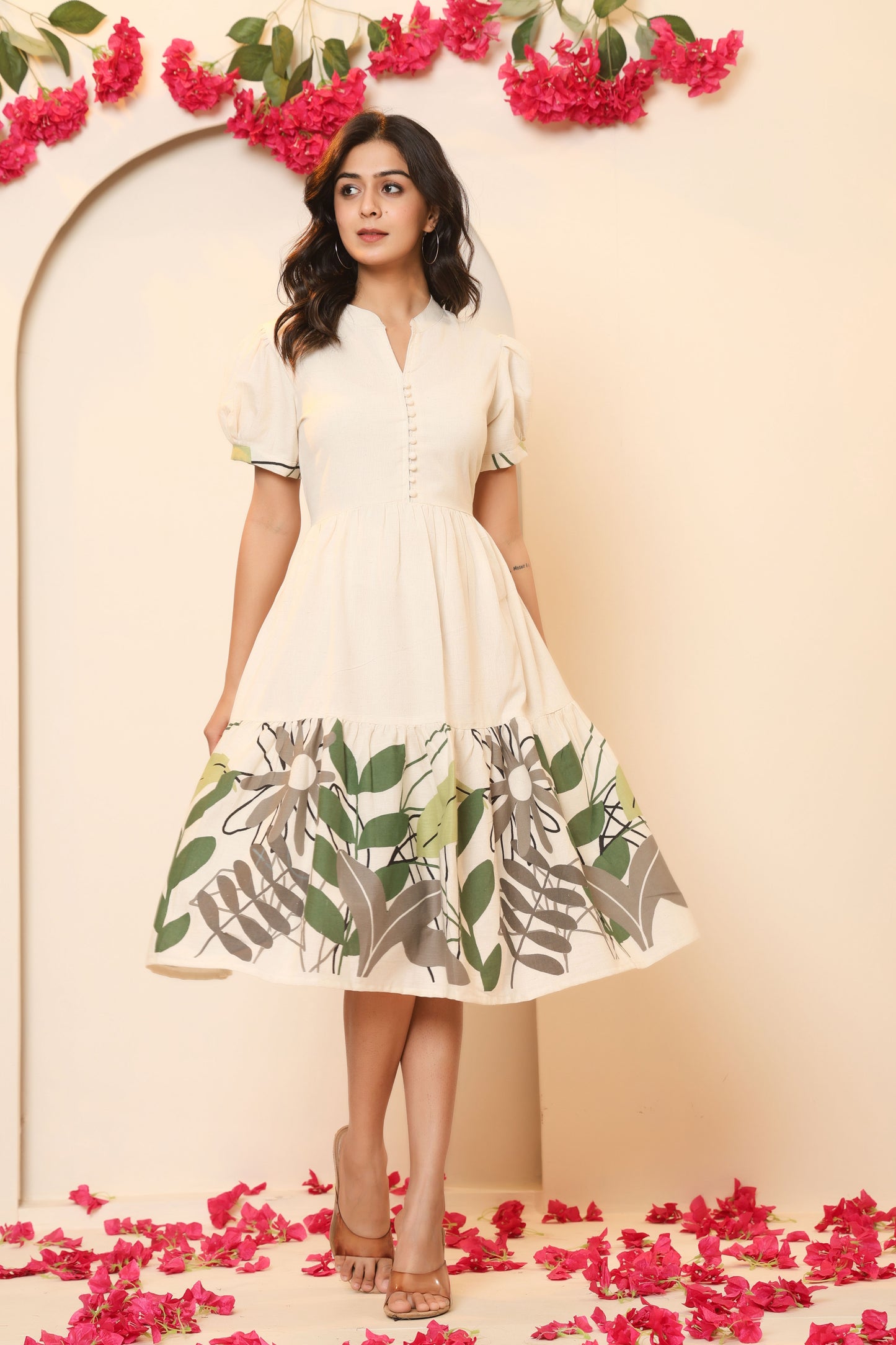 LEAFY FLORAL PRINT A-LINE COTTON FLEX DRESS IN BEIGE BY PLUSSIZEKURTI