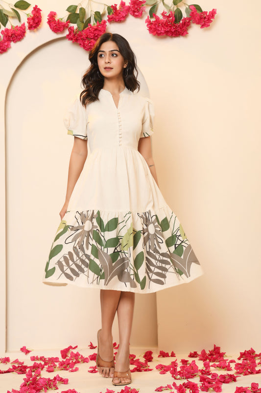 LEAFY FLORAL PRINT A-LINE COTTON FLEX DRESS IN BEIGE BY PLUSSIZEKURTI