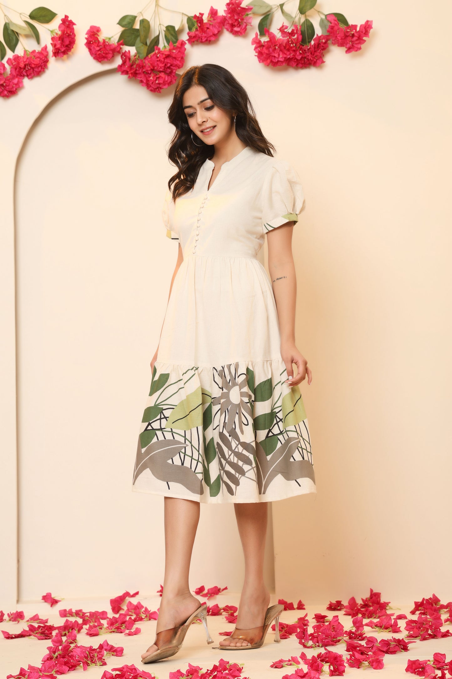 LEAFY FLORAL PRINT A-LINE COTTON FLEX DRESS IN BEIGE BY PLUSSIZEKURTI