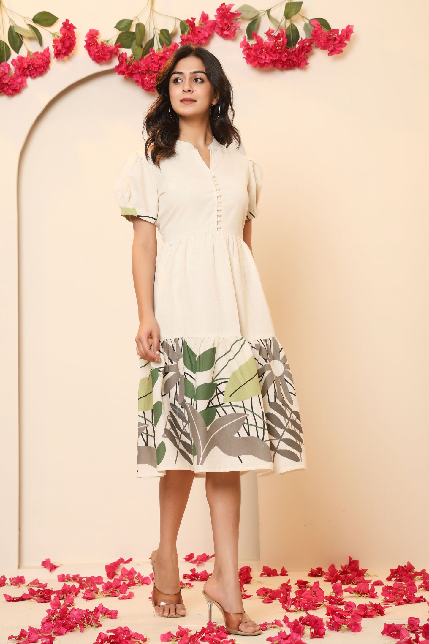 LEAFY FLORAL PRINT A-LINE COTTON FLEX DRESS IN BEIGE BY PLUSSIZEKURTI