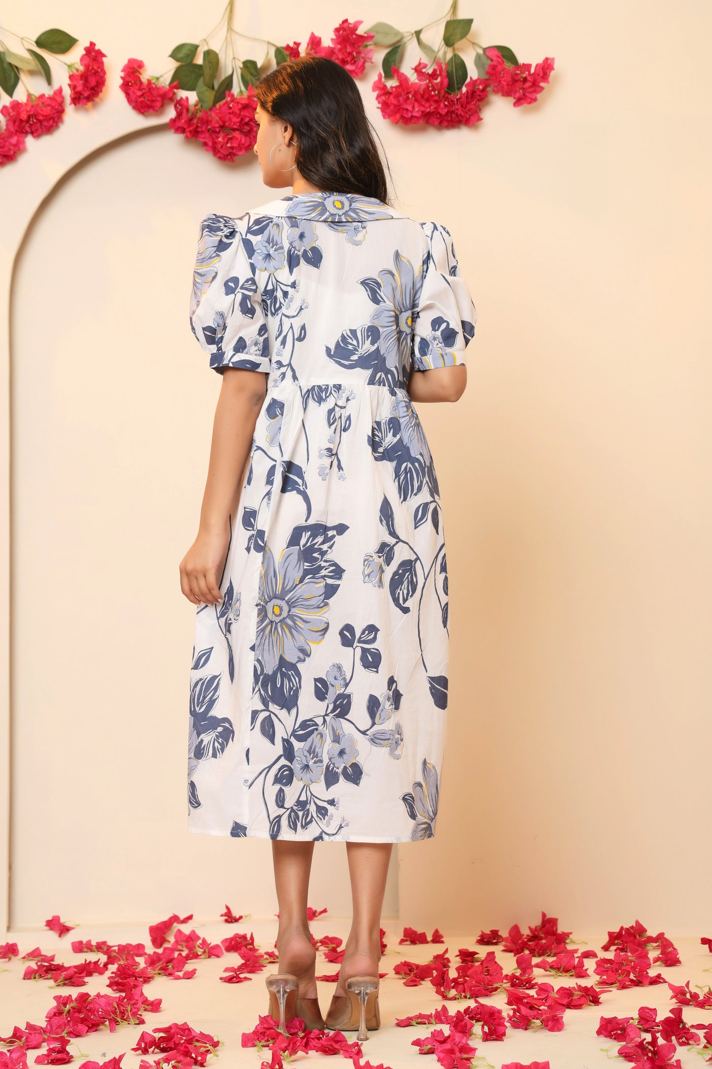 FLORAL PRINT A-LINE COTTON DRESS IN WHITE/BLUE BY PLUSSIZEKURTI