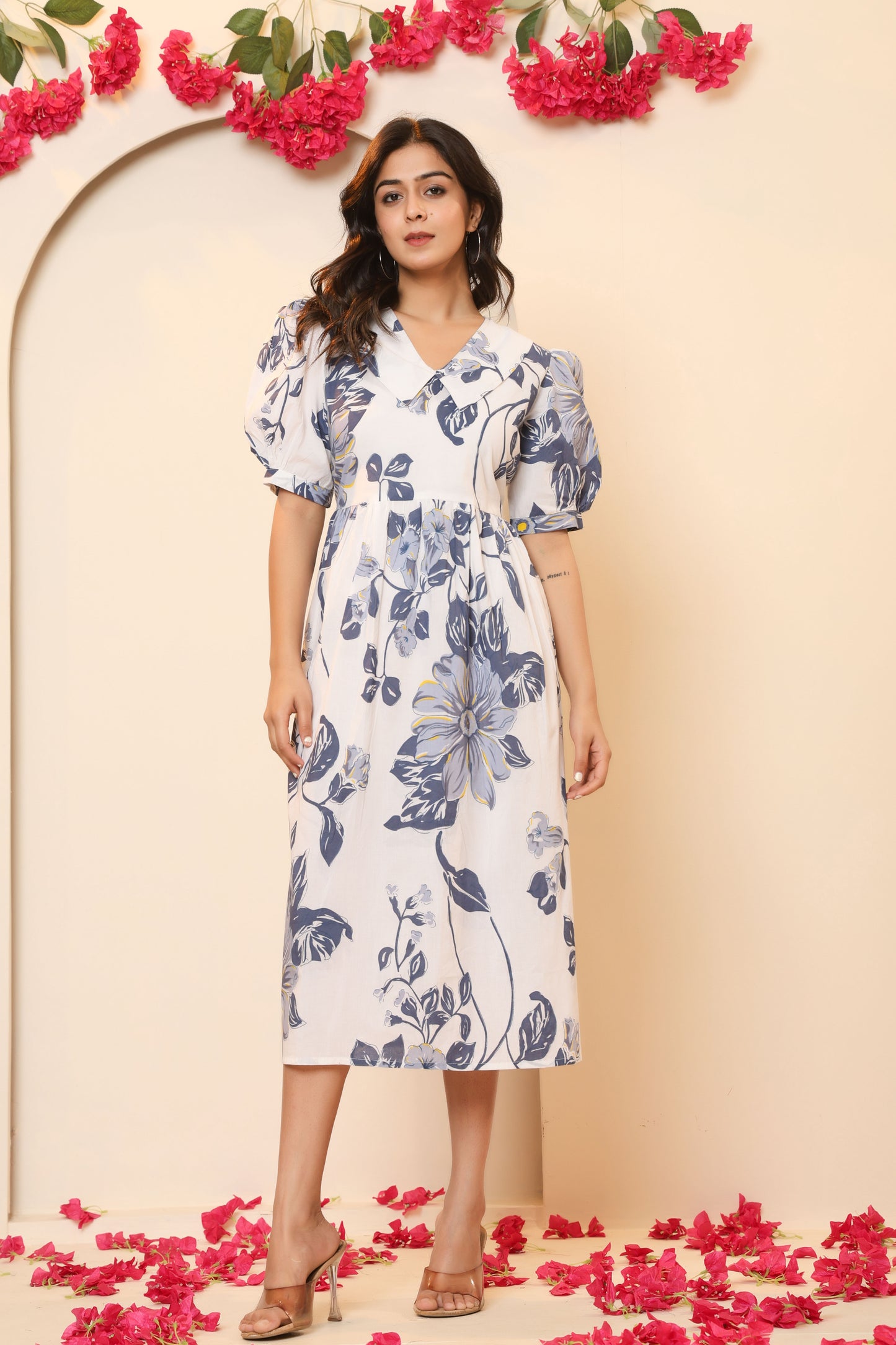 FLORAL PRINT A-LINE COTTON DRESS IN WHITE/BLUE BY PLUSSIZEKURTI