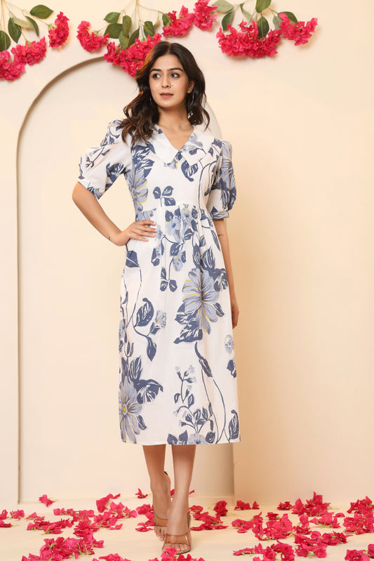 FLORAL PRINT A-LINE COTTON DRESS IN WHITE/BLUE BY PLUSSIZEKURTI