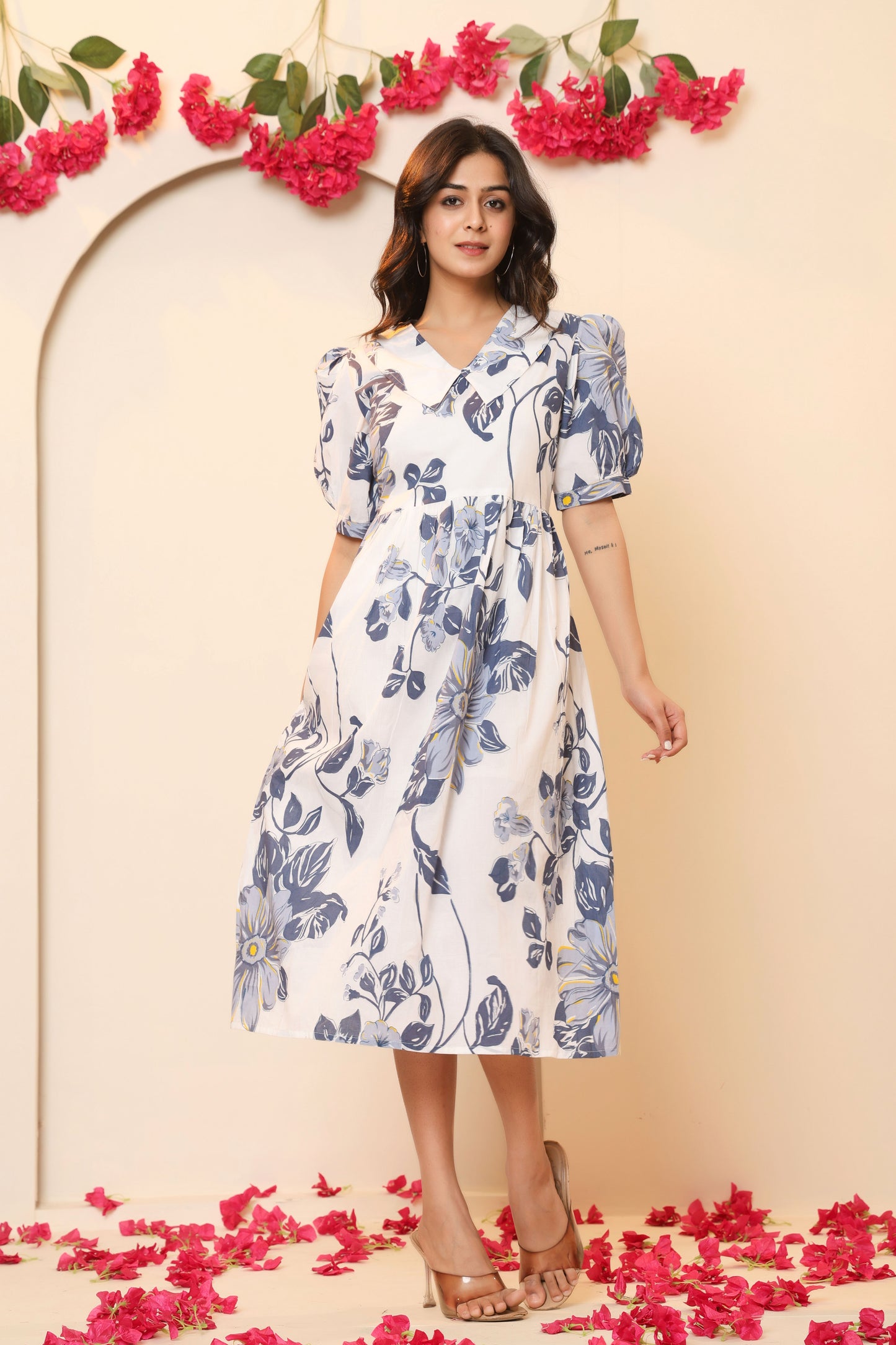 FLORAL PRINT A-LINE COTTON DRESS IN WHITE/BLUE BY PLUSSIZEKURTI