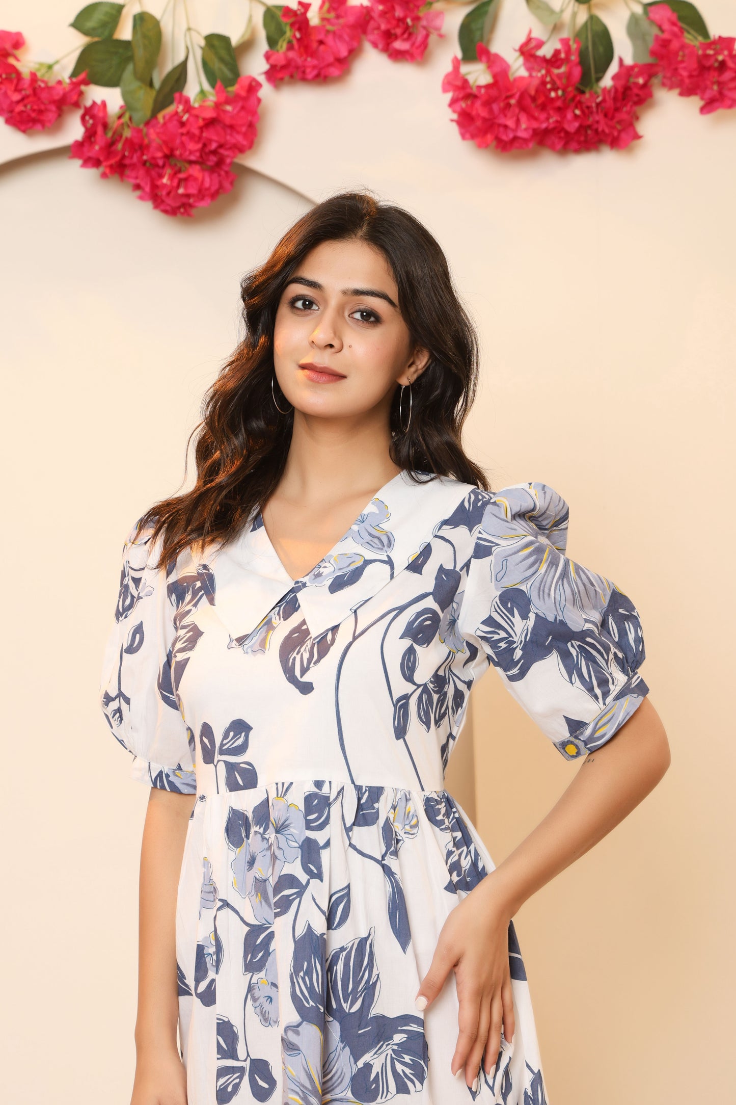 FLORAL PRINT A-LINE COTTON DRESS IN WHITE/BLUE BY PLUSSIZEKURTI