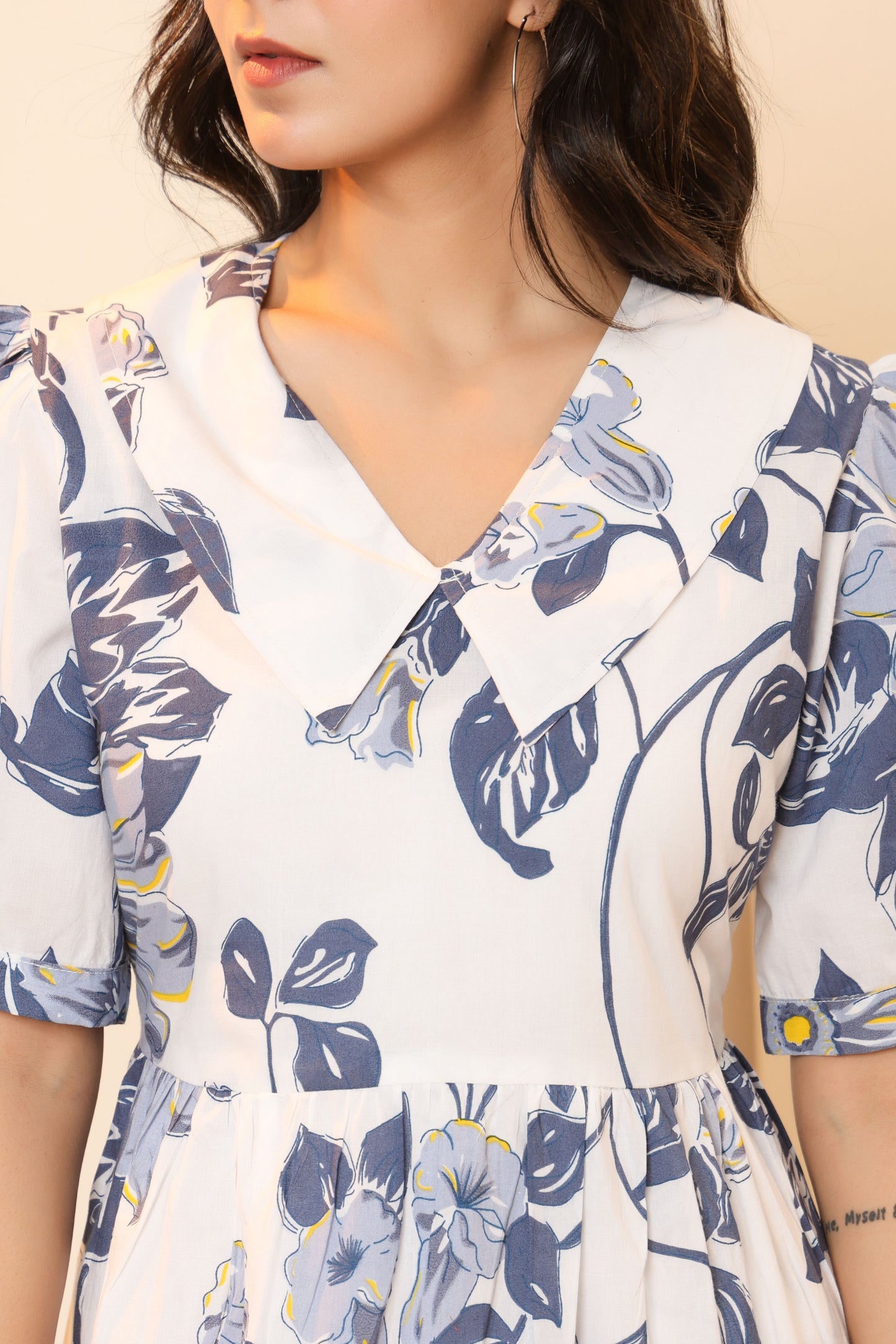 FLORAL PRINT A-LINE COTTON DRESS IN WHITE/BLUE BY PLUSSIZEKURTI