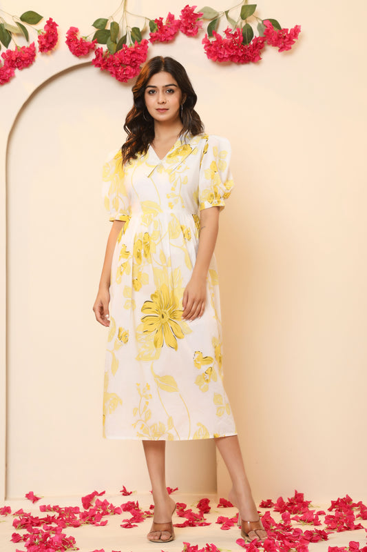 FLORAL PRINT A-LINE COTTON DRESS IN WHITE/YELLOW BY PLUSSIZEKURTI