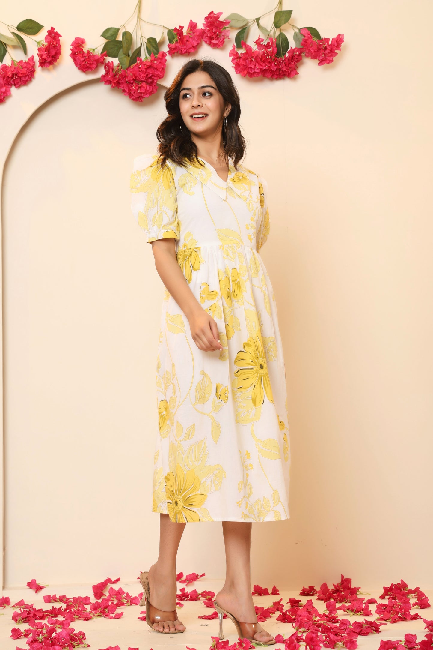 FLORAL PRINT A-LINE COTTON DRESS IN WHITE/YELLOW BY PLUSSIZEKURTI