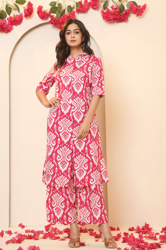 IKAT PRINT COTTON 2 PEICE KURTI PLAZZO SET IN RANIPINK BY PLUSSIZEKURTI