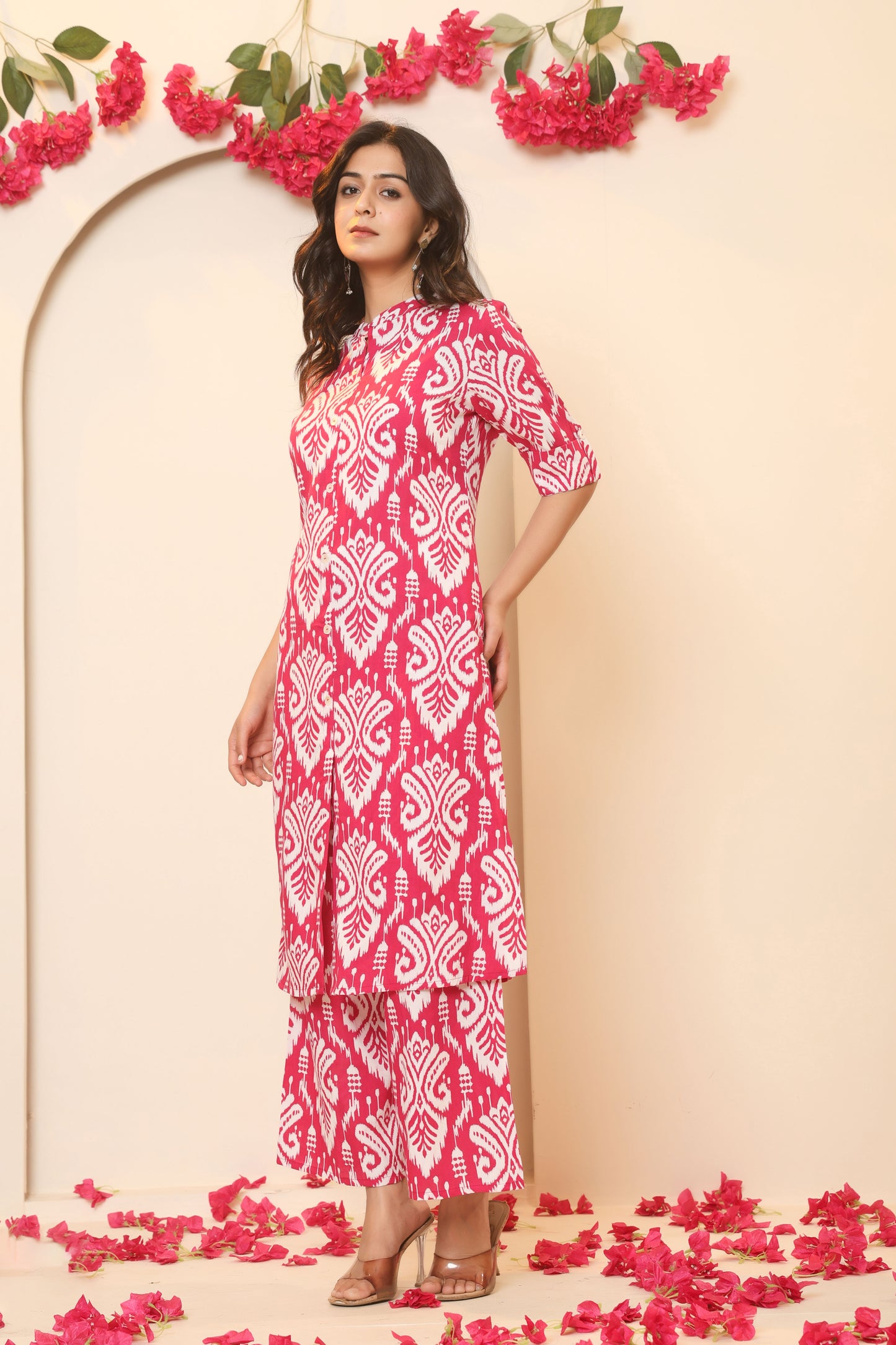 IKAT PRINT COTTON 2 PEICE KURTI PLAZZO SET IN RANIPINK BY PLUSSIZEKURTI