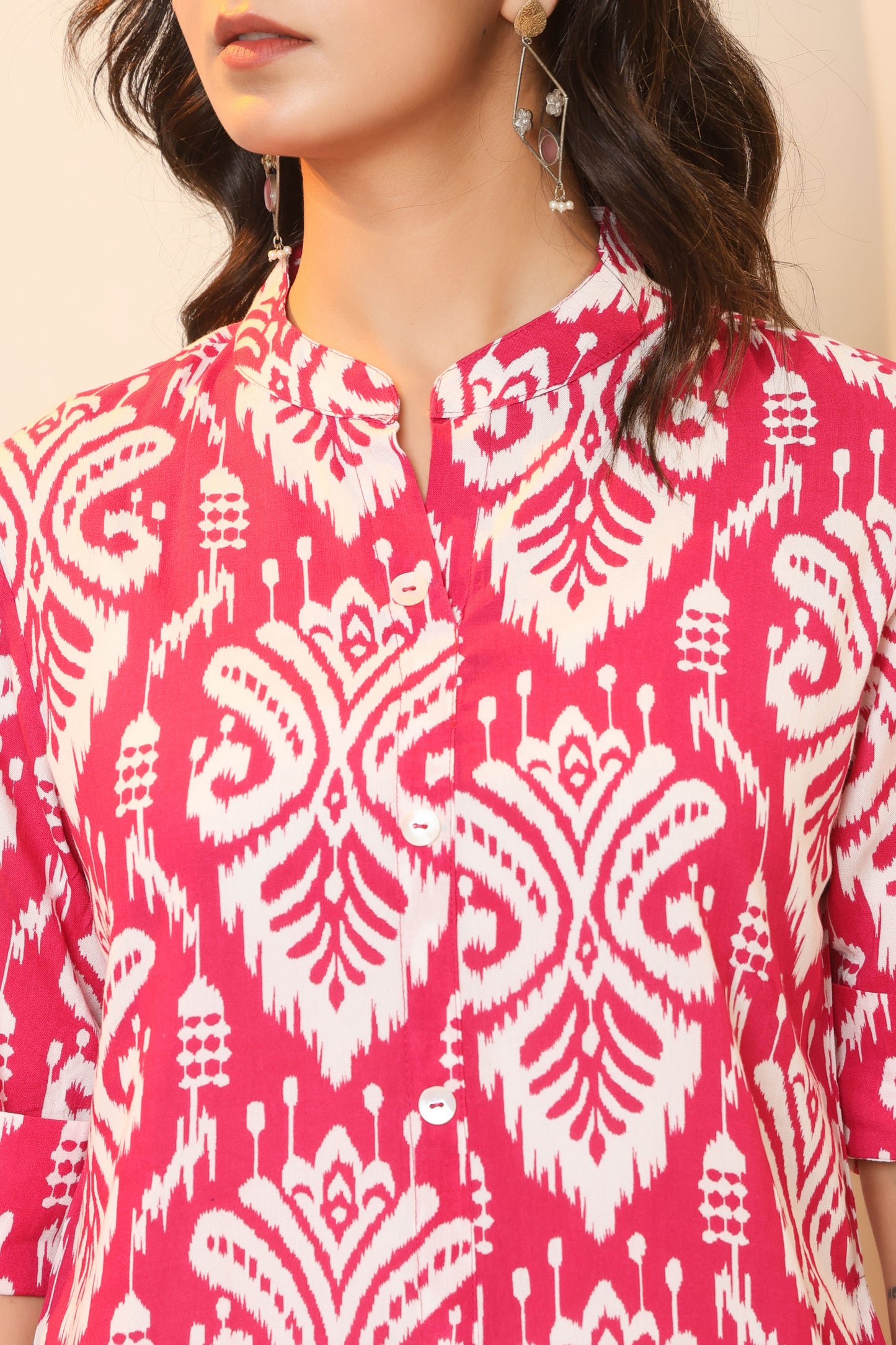 IKAT PRINT COTTON 2 PEICE KURTI PLAZZO SET IN RANIPINK BY PLUSSIZEKURTI