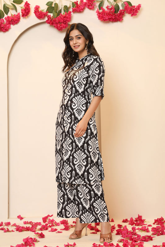 IKAT PRINT COTTON 2 PEICE KURTI PLAZZO SET IN BLACK BY PLUSSIZEKURTI