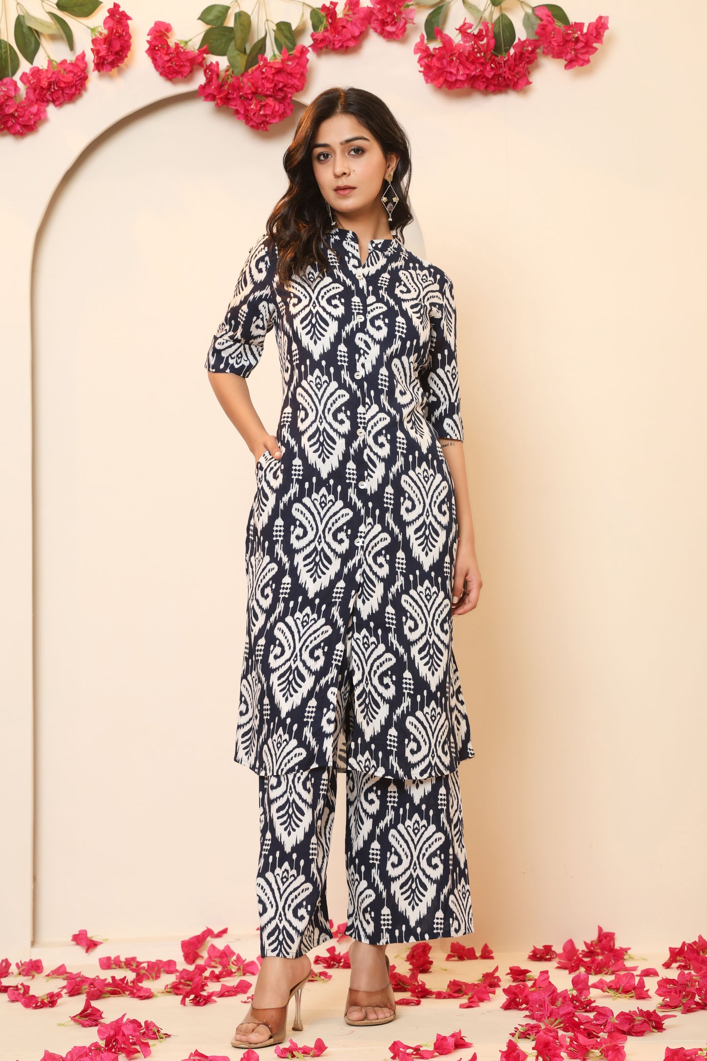 IKAT PRINT COTTON 2 PEICE KURTI PLAZZO SET IN NAVYBLUE BY PLUSSIZEKURTI