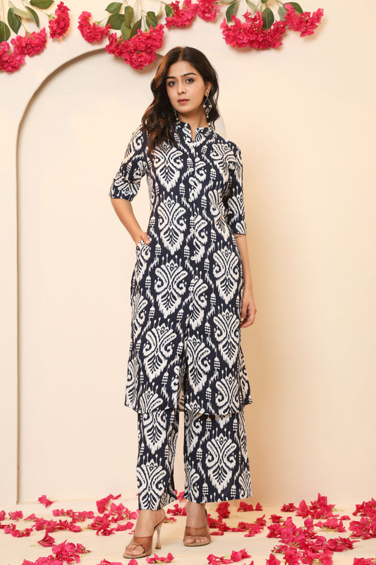 IKAT PRINT COTTON 2 PEICE KURTI PLAZZO SET IN NAVYBLUE BY PLUSSIZEKURTI