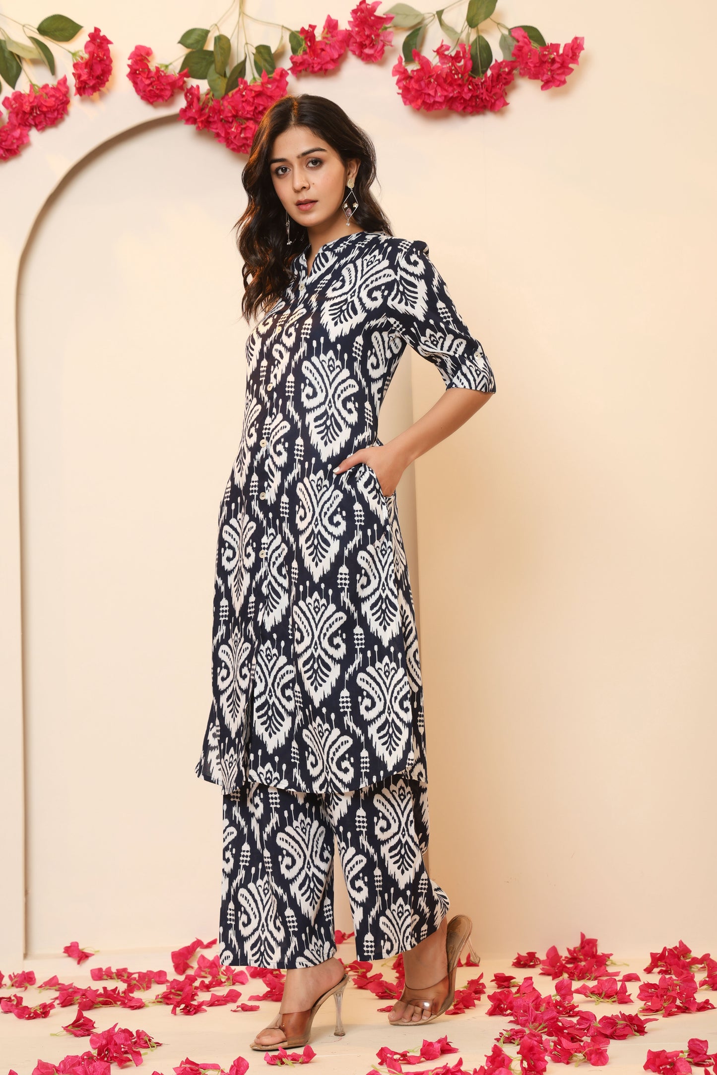 IKAT PRINT COTTON 2 PEICE KURTI PLAZZO SET IN NAVYBLUE BY PLUSSIZEKURTI