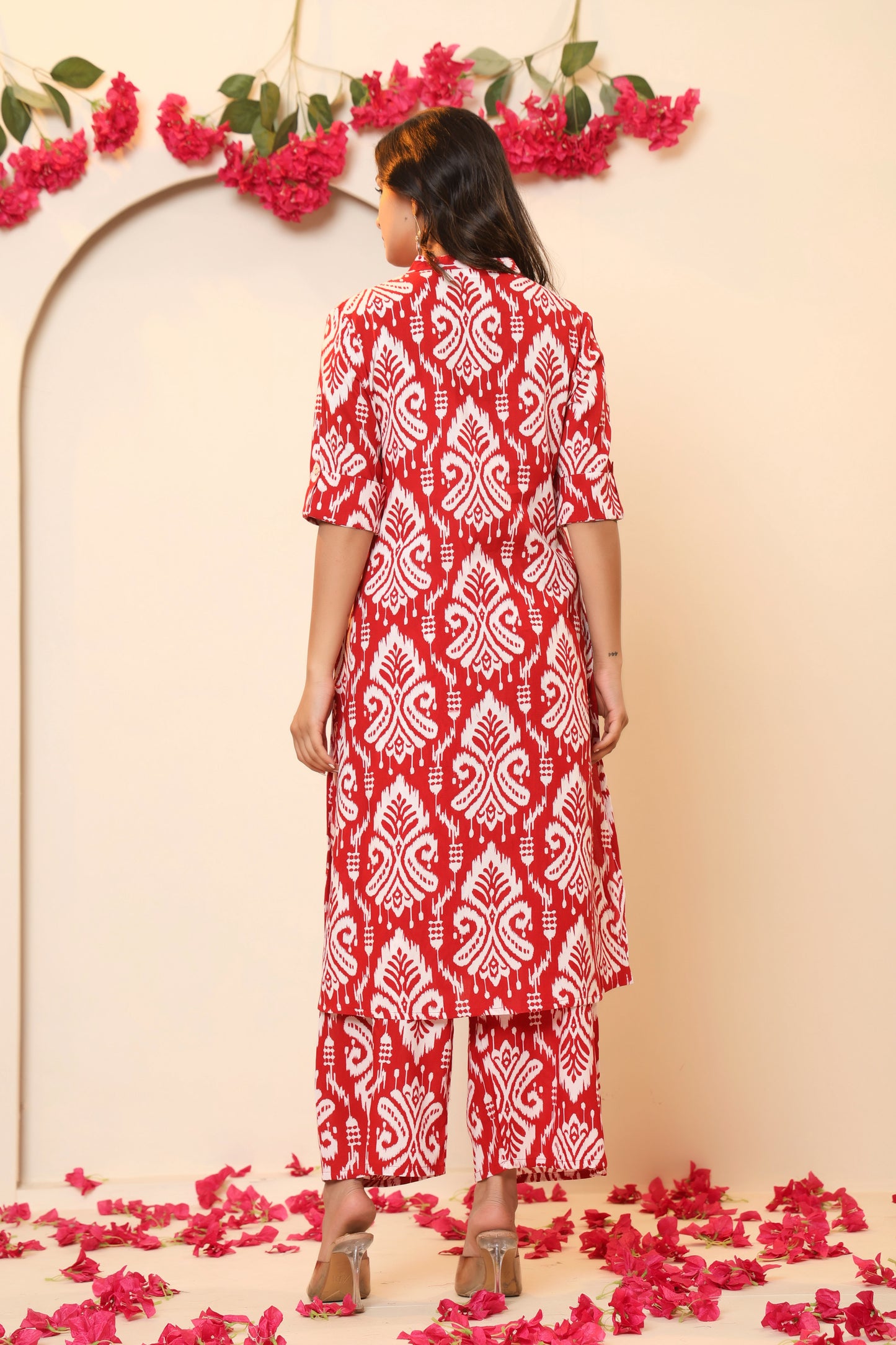 IKAT PRINT COTTON 2 PEICE KURTI PLAZZO SET IN RED BY PLUSSIZEKURTI