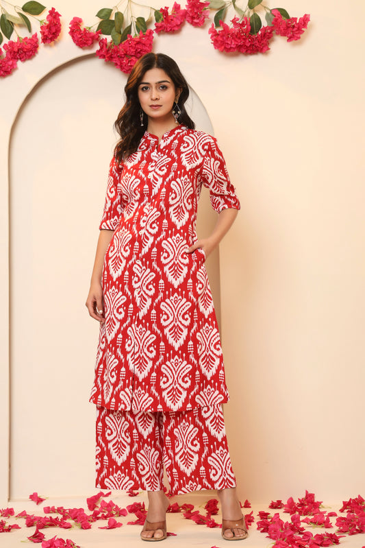 IKAT PRINT COTTON 2 PEICE KURTI PLAZZO SET IN RED BY PLUSSIZEKURTI