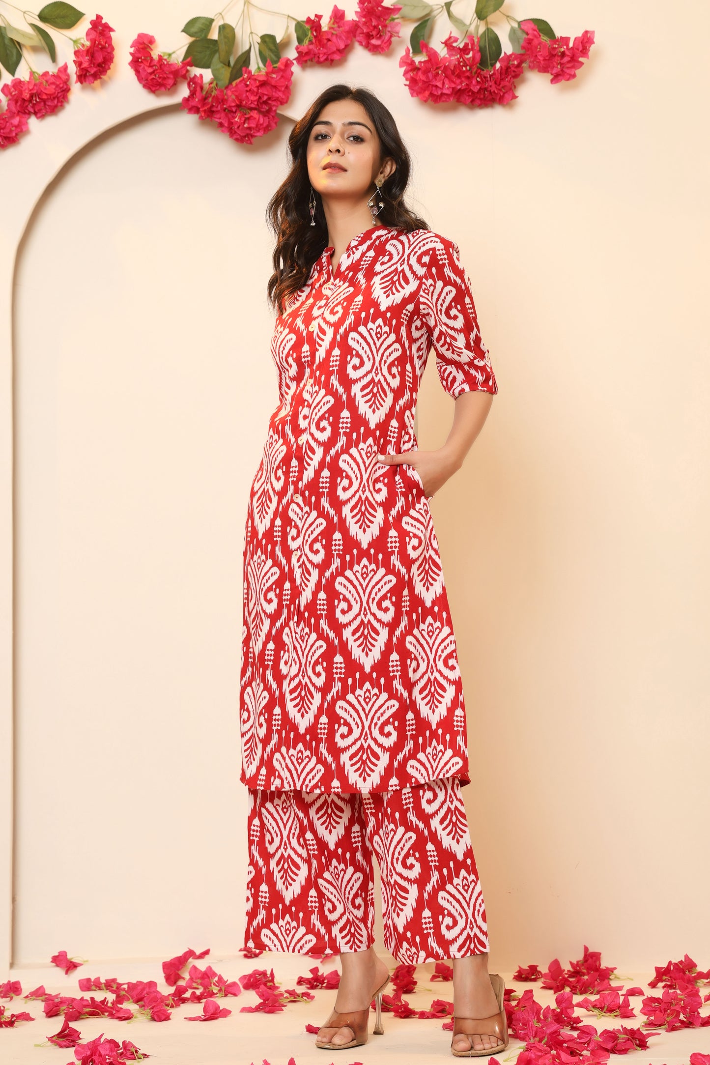 IKAT PRINT COTTON 2 PEICE KURTI PLAZZO SET IN RED BY PLUSSIZEKURTI
