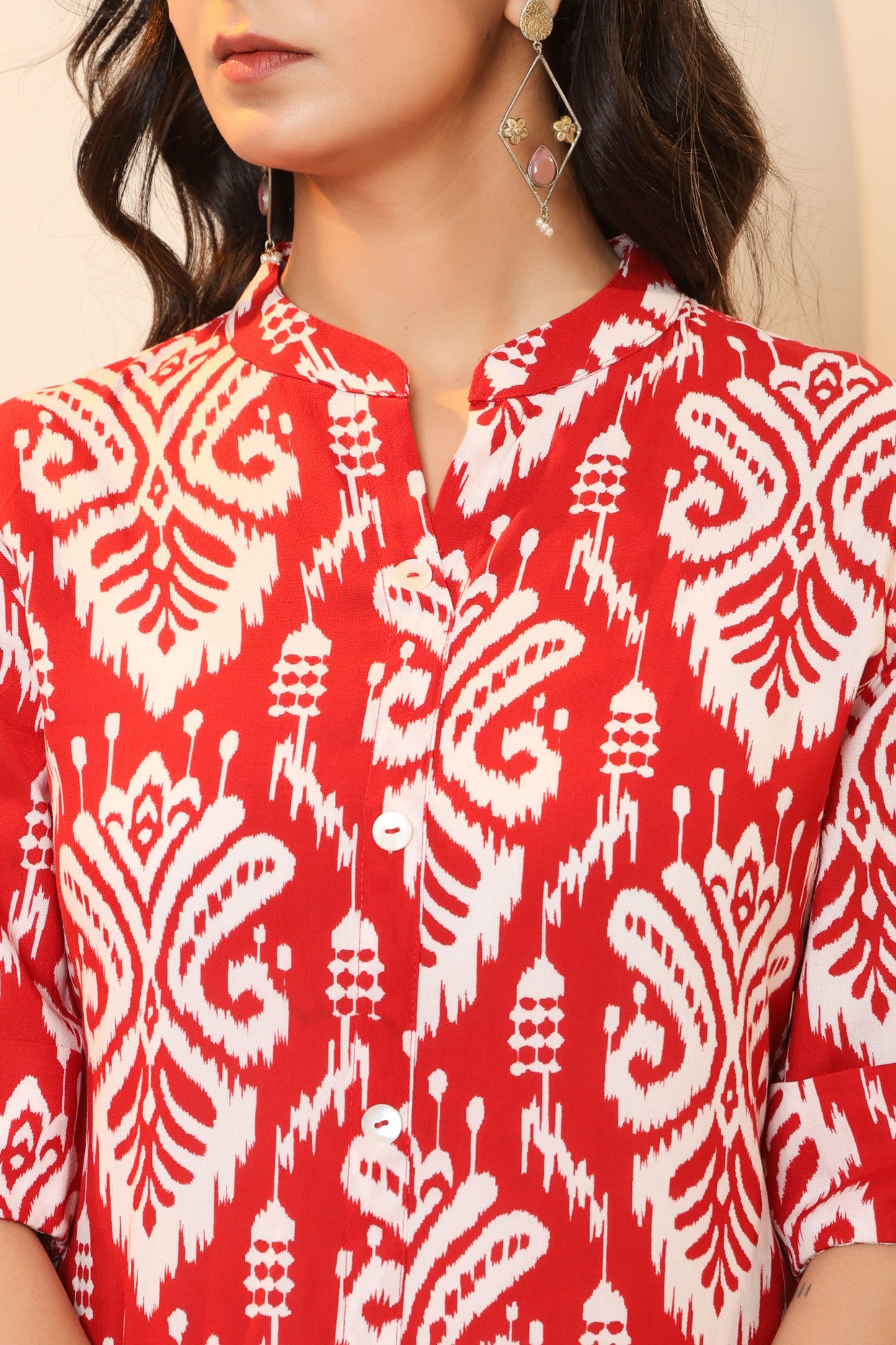 IKAT PRINT COTTON 2 PEICE KURTI PLAZZO SET IN RED BY PLUSSIZEKURTI