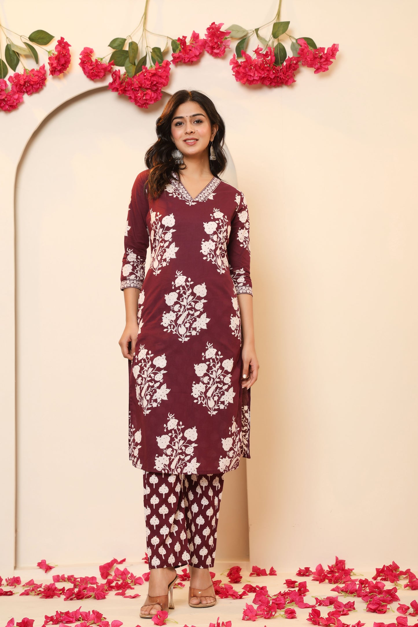 BAGRU HANDBLOCK PRINT COTTON 3 PEICE KURTI PANT SET IN WINE PURPLE BY PLUSSIZEKURTI