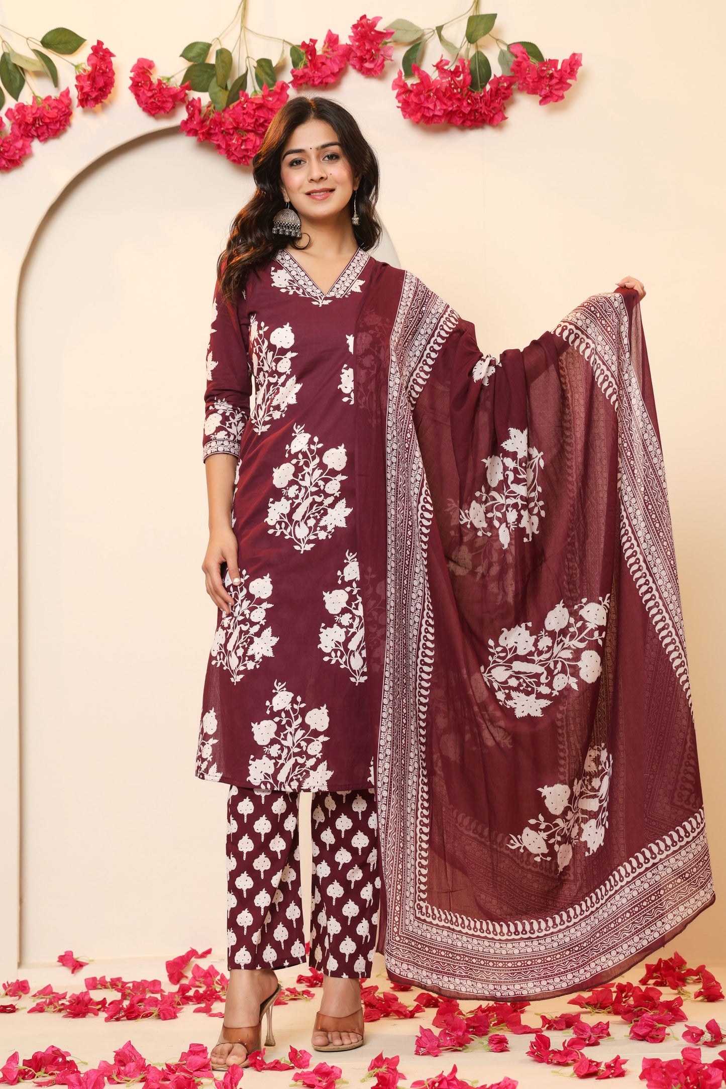 BAGRU HANDBLOCK PRINT COTTON 3 PEICE KURTI PANT SET IN WINE PURPLE BY PLUSSIZEKURTI