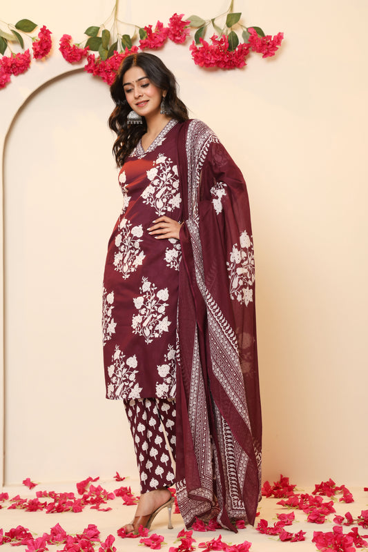 BAGRU HANDBLOCK PRINT COTTON 3 PEICE KURTI PANT SET IN WINE PURPLE BY PLUSSIZEKURTI