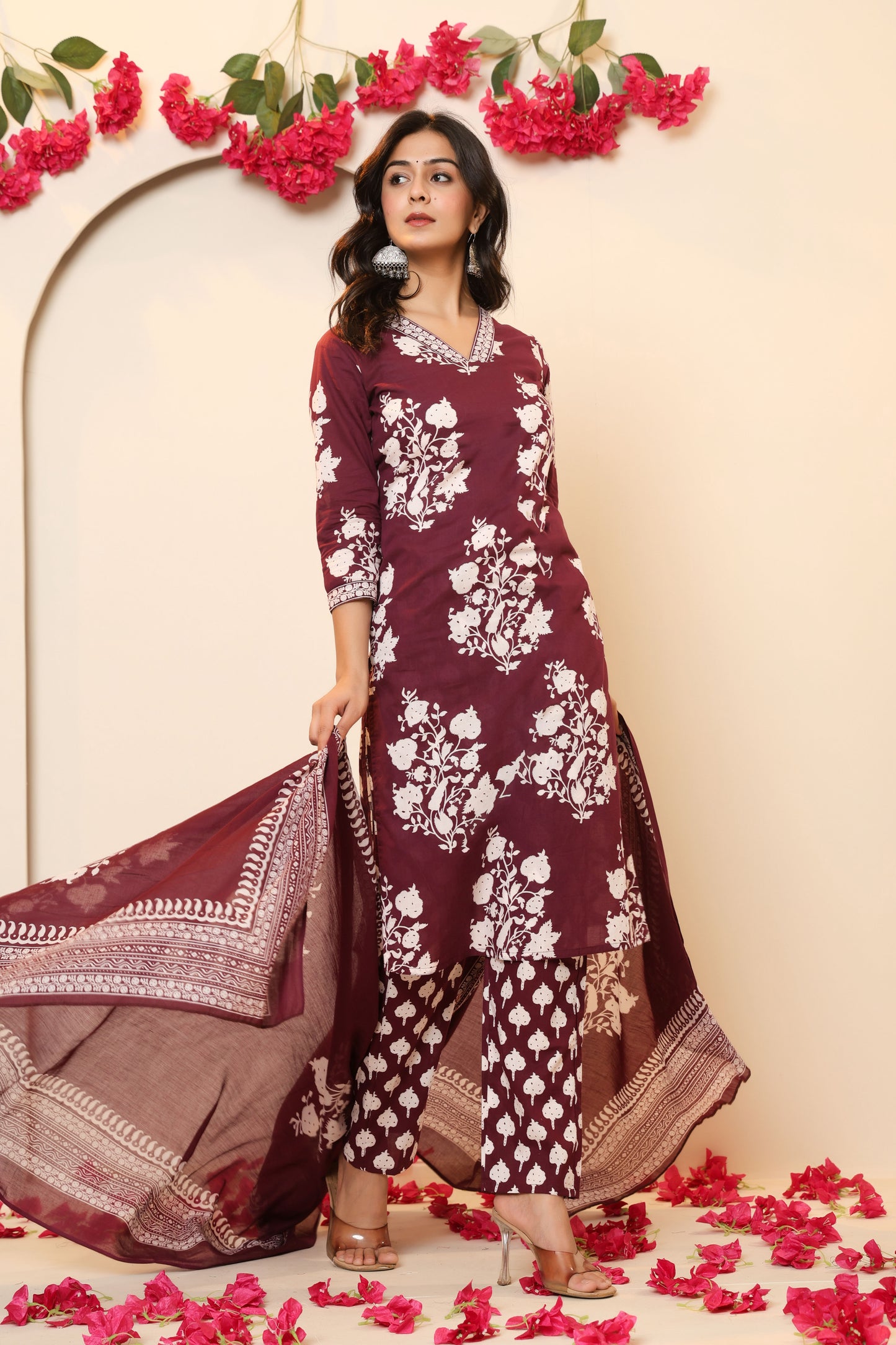 BAGRU HANDBLOCK PRINT COTTON 3 PEICE KURTI PANT SET IN WINE PURPLE BY PLUSSIZEKURTI
